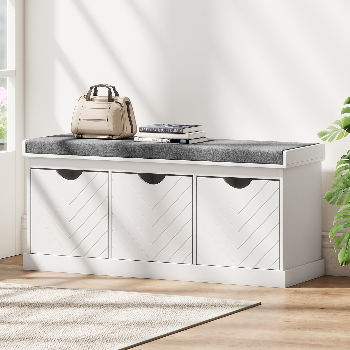 Reco Nolu Wooden White 3 Drawer Shoe Bench With Grey Padded Seat