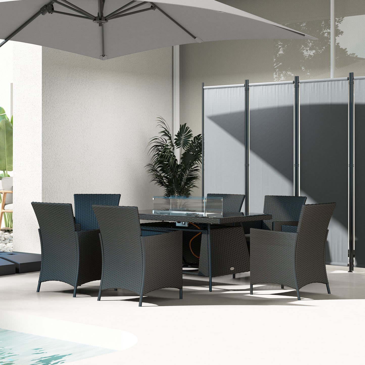 Lemadi Rattan Black 6 Seater Outdoor Dining Set With Fire Pit Table
