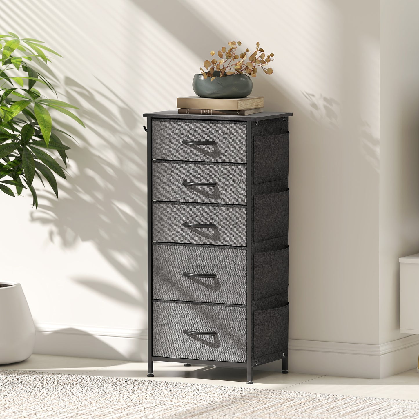 Suha Fabric And Metal Charcoal Grey 5 Drawer Storage Chest