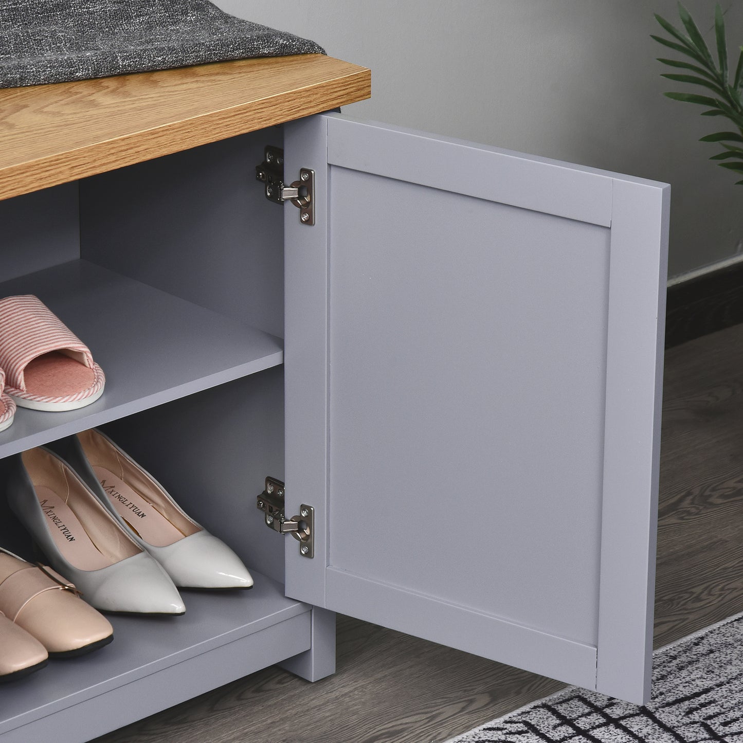 Zifa Grey and Natural Wooden Shoe Cabinet With 2 Doors For Hallway Storage