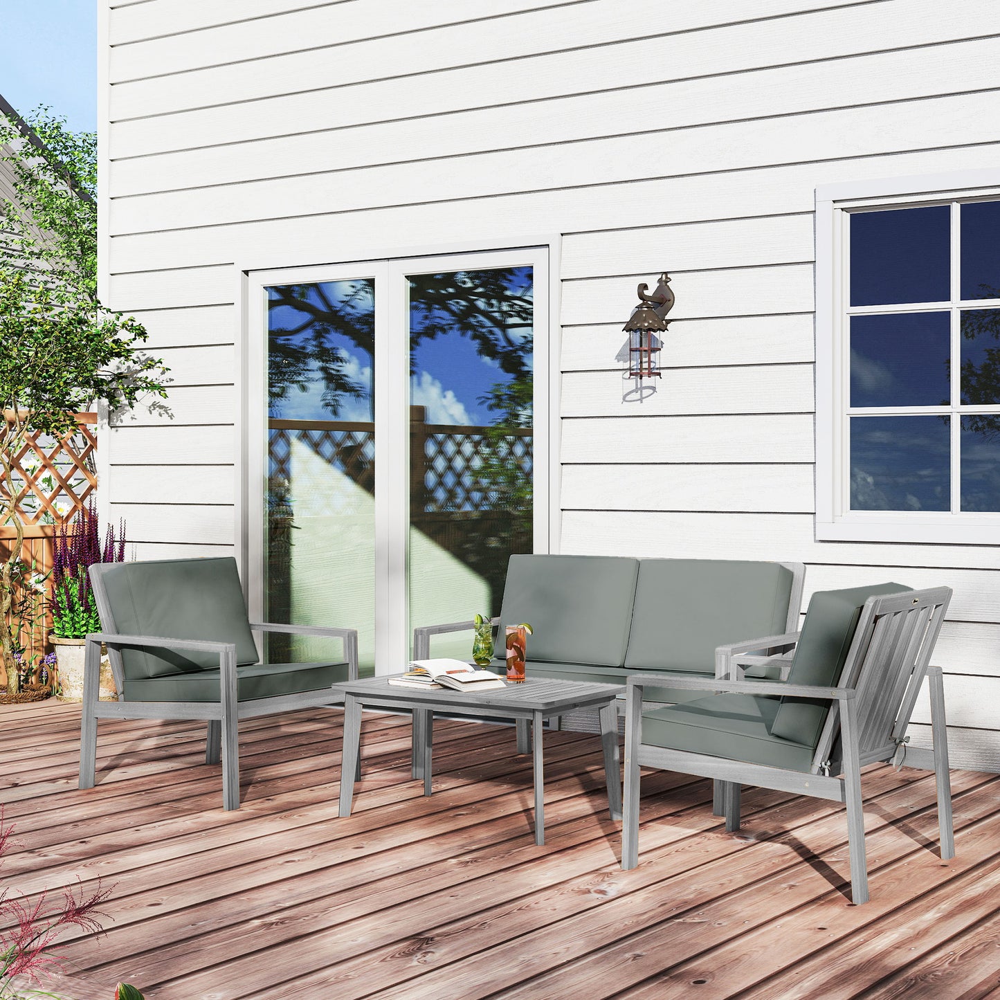 Nabatove Grey Wood 4 Seater Outdoor Garden Furniture Set With Cushions