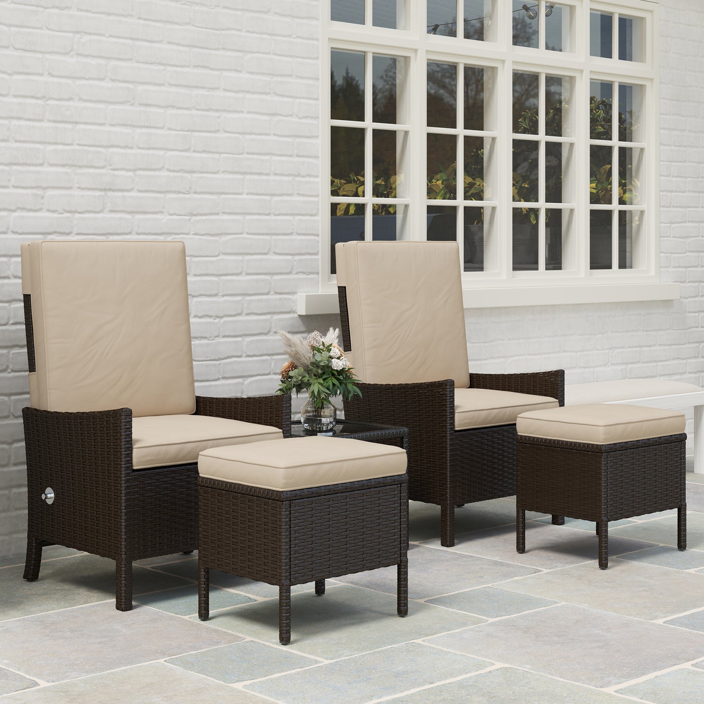 Hacore Dark Brown Rattan 5 Piece Garden Bistro Set With Footstols and Glass Table