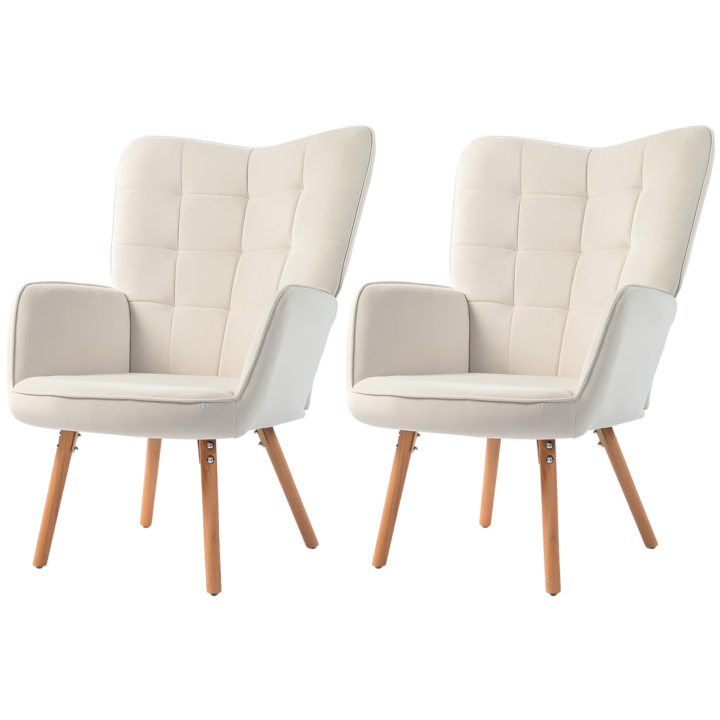 Haseto Velvet Cream White Wingback Accent Chairs Set Of 2 With Tufted Back And Wooden Legs
