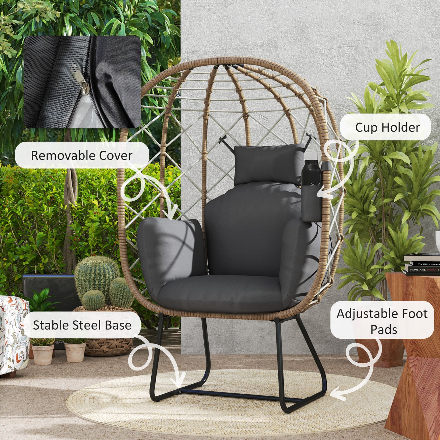Nepa Rattan Brown and Grey Outdoor Garden Egg Chair With Cushions And Cup Holder