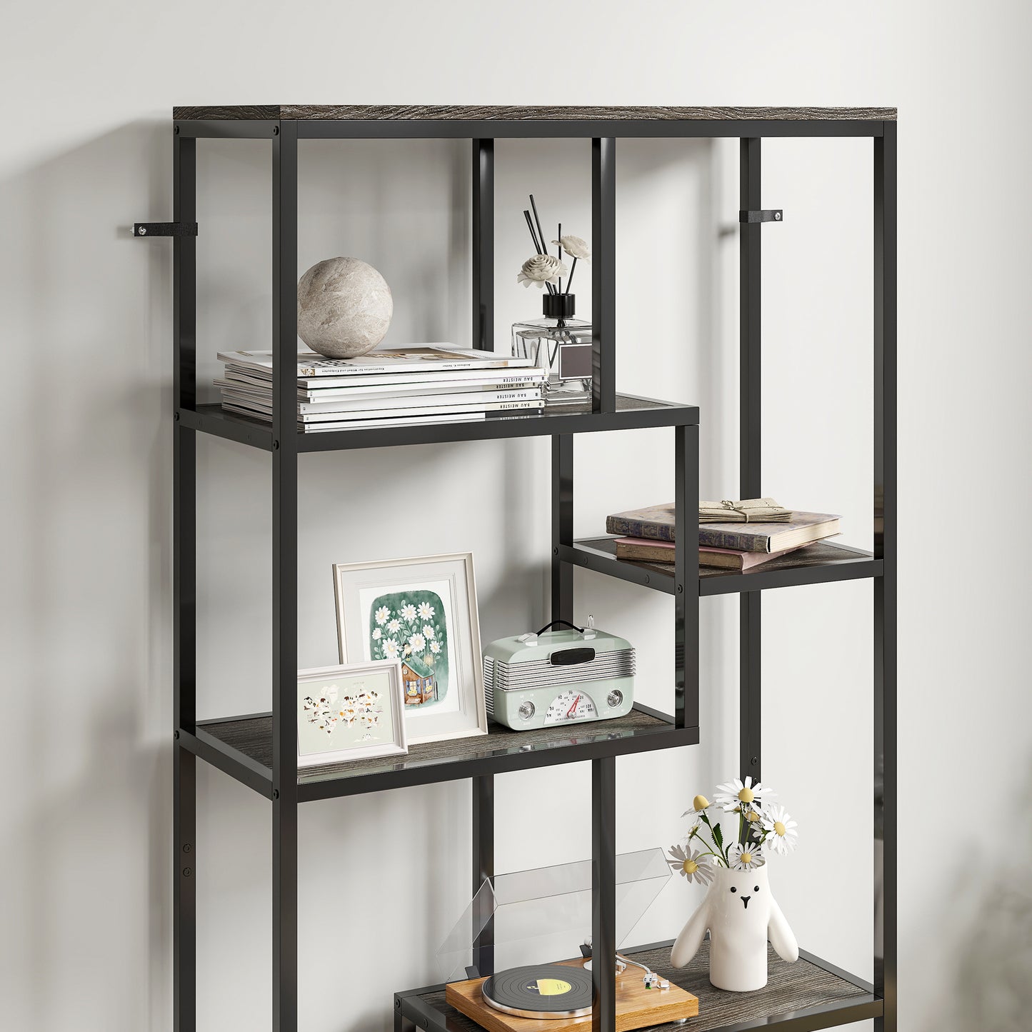 Sudina Metal And Wood Grey And Black 7 Tier Geometric Display Bookcase