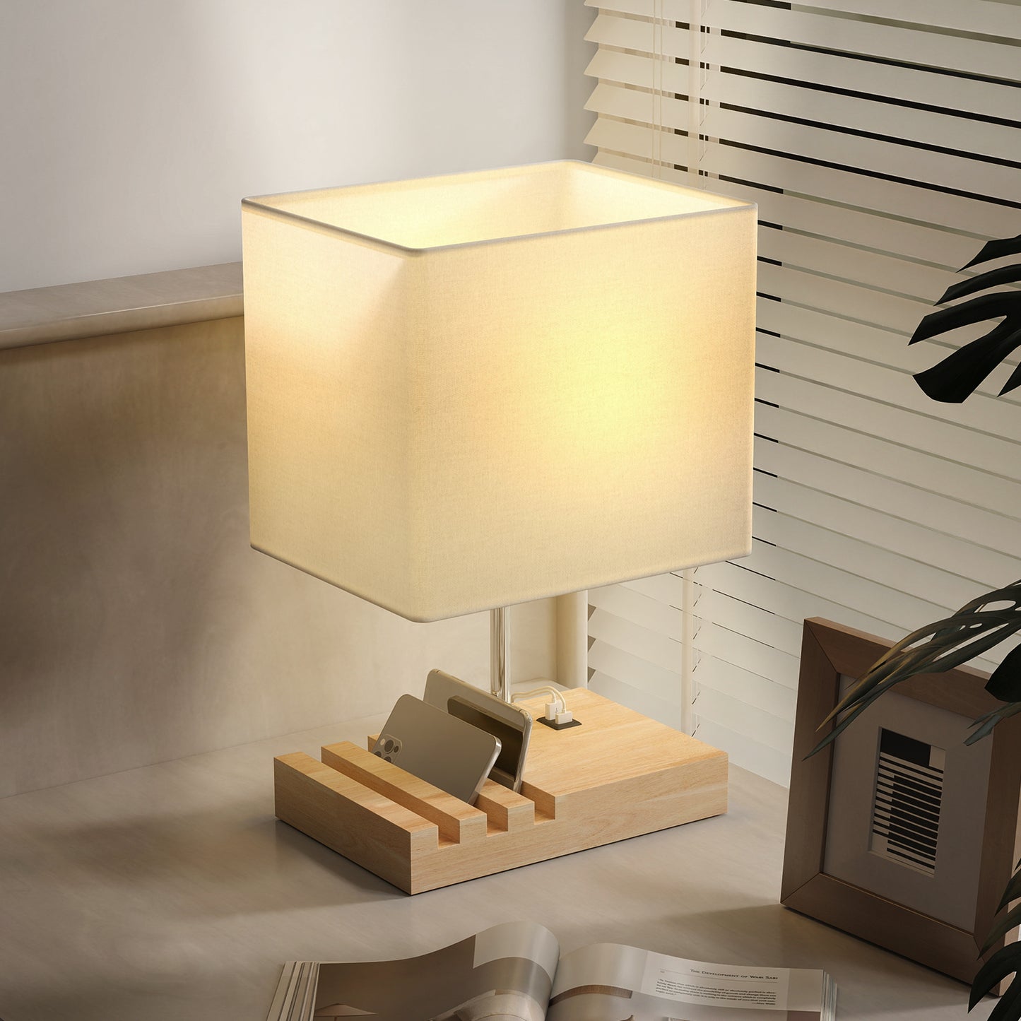 Hael Wood And Fabric White Bedside Table Lamp With USB Charging Ports Phone Stands And Fabric Shade