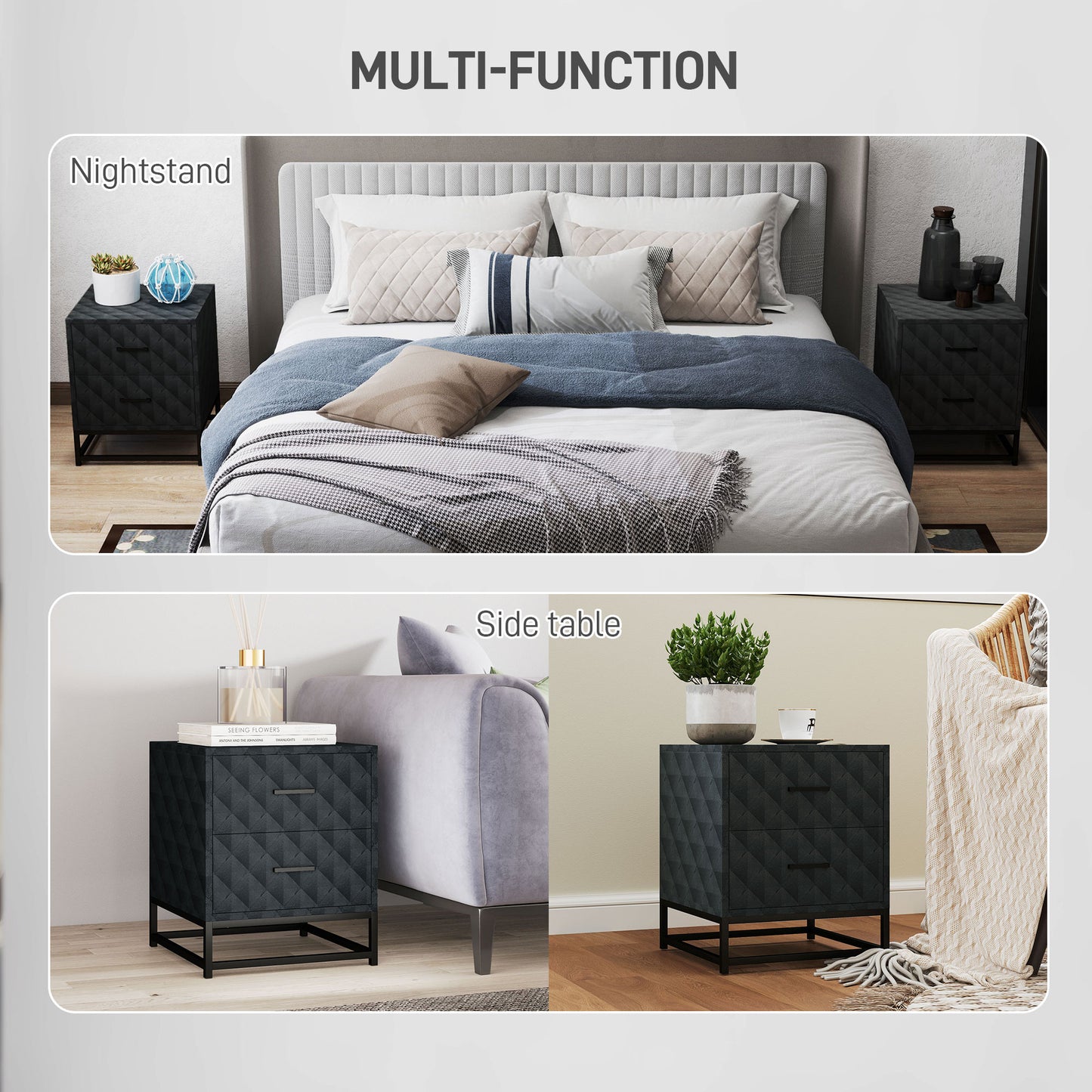 Roel Set Of 2 Black Retro Bedside Tables With 2 Drawers And Steel Legs