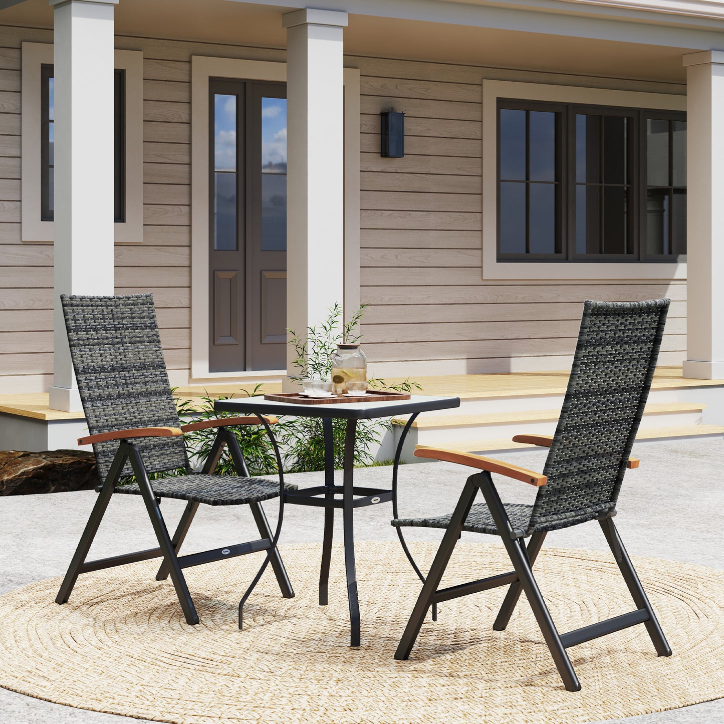 Paripa Rattan Mixed Grey Folding Garden Dining Chairs Set Of 2 With Adjustable High Back And Wood Armrests