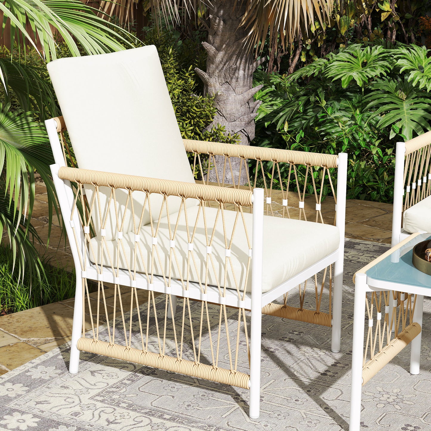 Comori Rattan Cream 4 Seater Outdoor Sofa Conversation Set With Glass Coffee Table