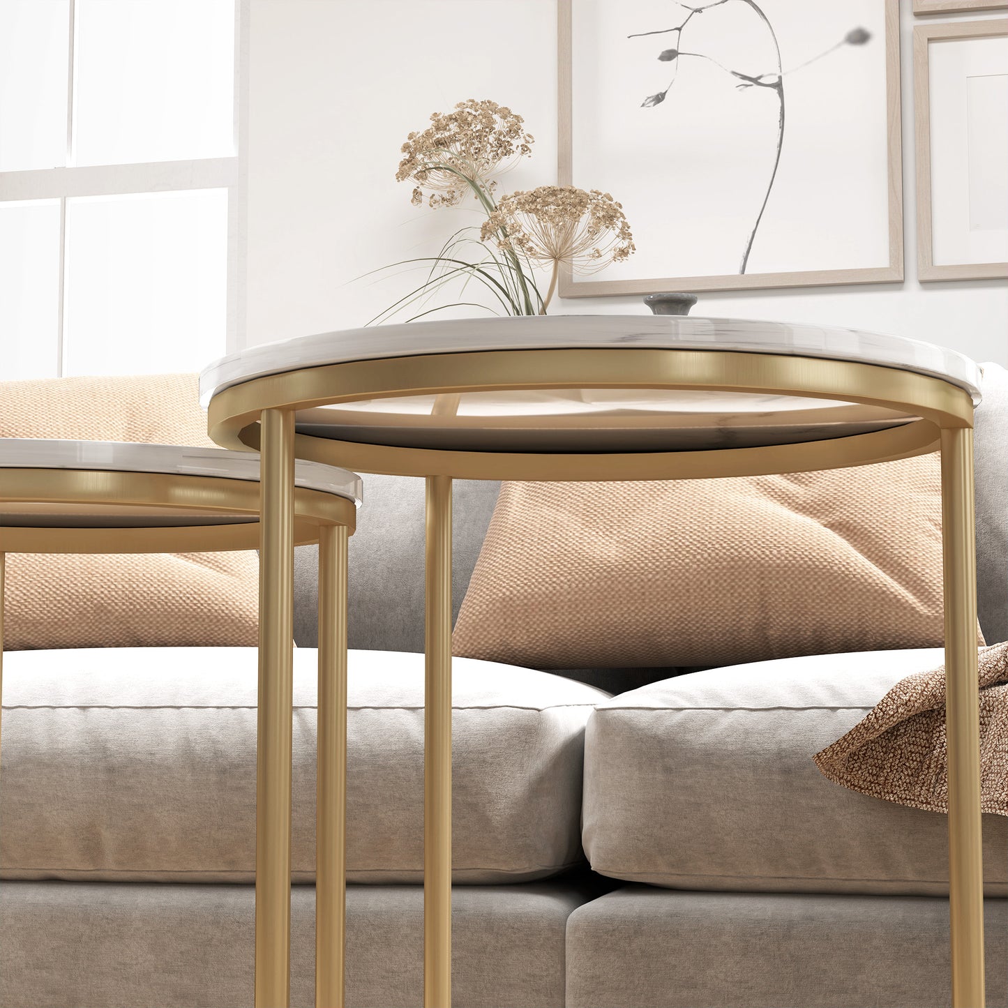 Keroro Set Of 2 Nesting Tables Metal And Marble Effect White And Gold