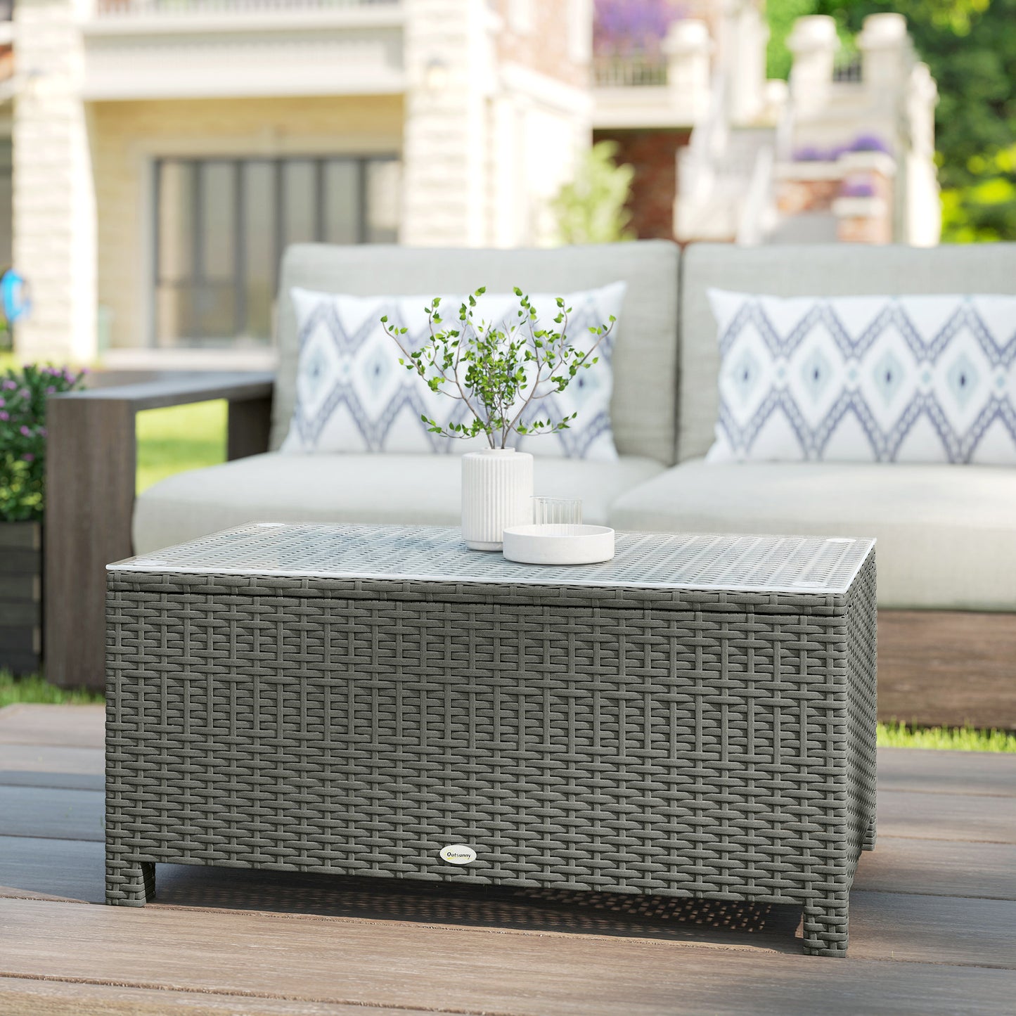 Viluno Pafi Rattan Light Grey Outdoor Coffee Table With Glass Top