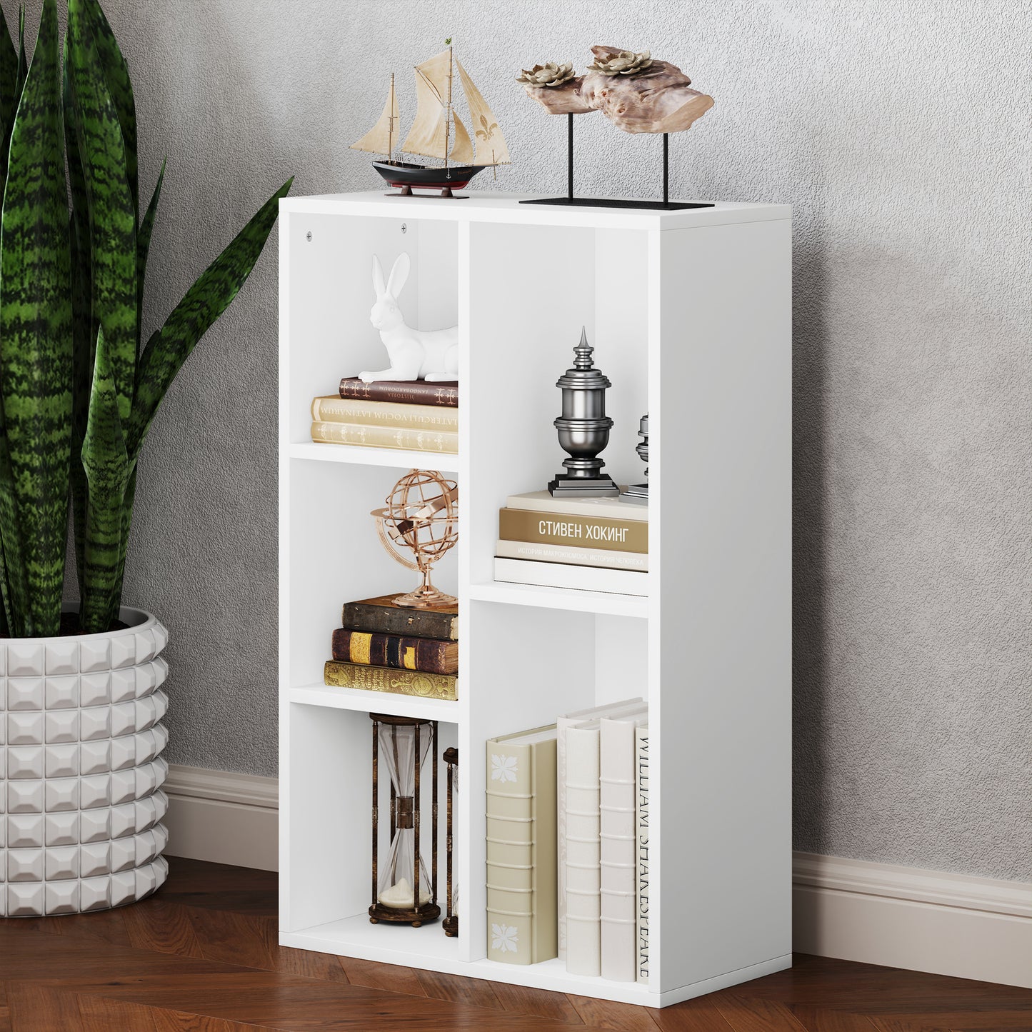 Sovi Wood White 2 Tier Bookcase With 5 Storage Compartments