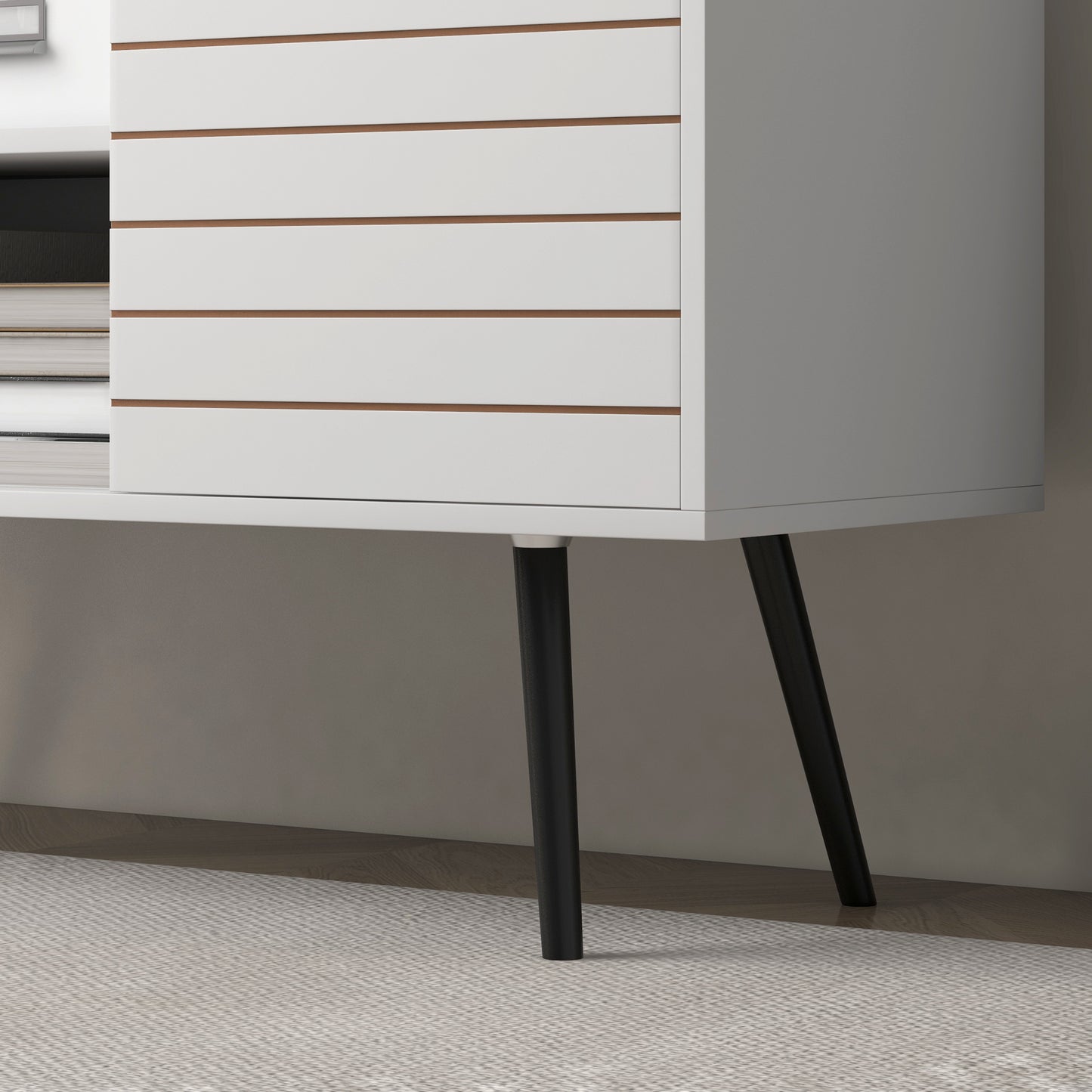 Baelva 110cm Vale Wooden White Duo Storage TV Unit With Stipe Door Design
