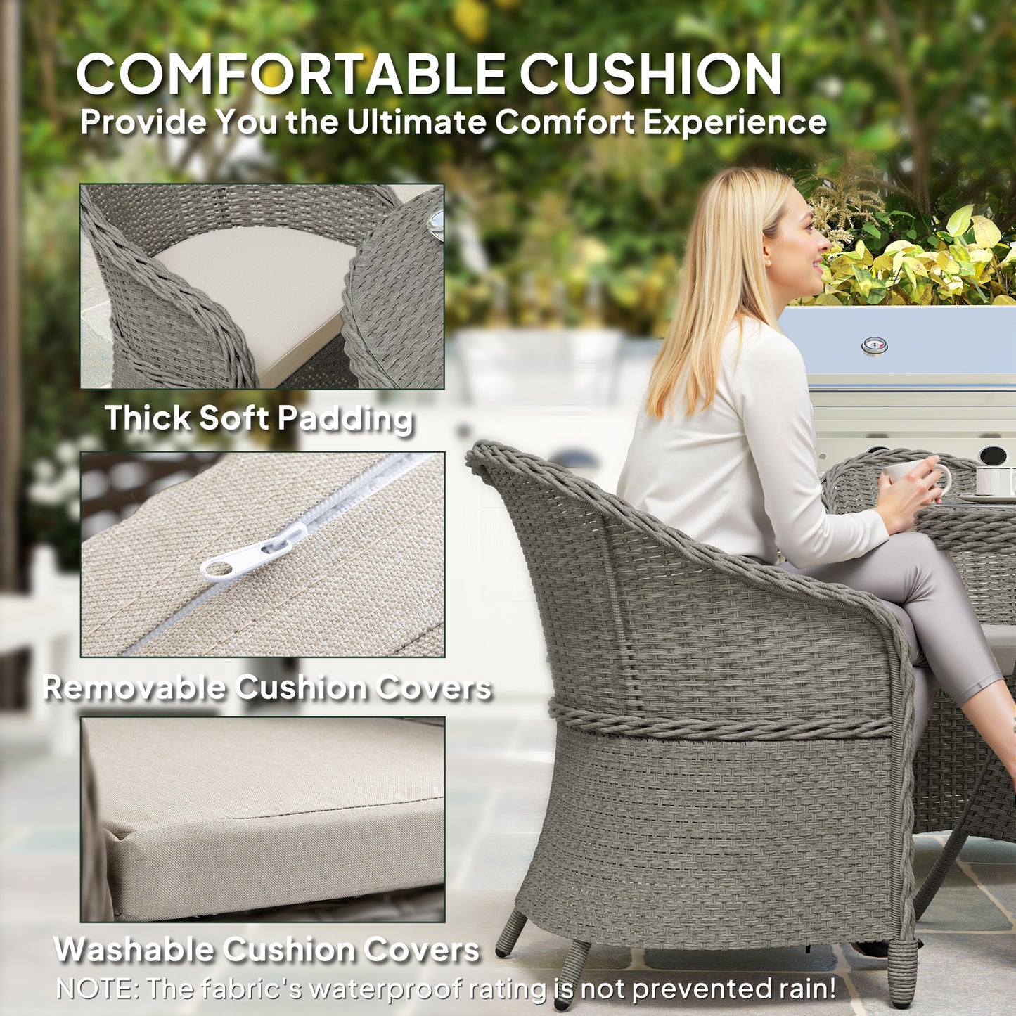 Sepa Rattan Grey 4 Seater Outdoor Dining Set With Cushions And Glass Top Table With Parasol Hole
