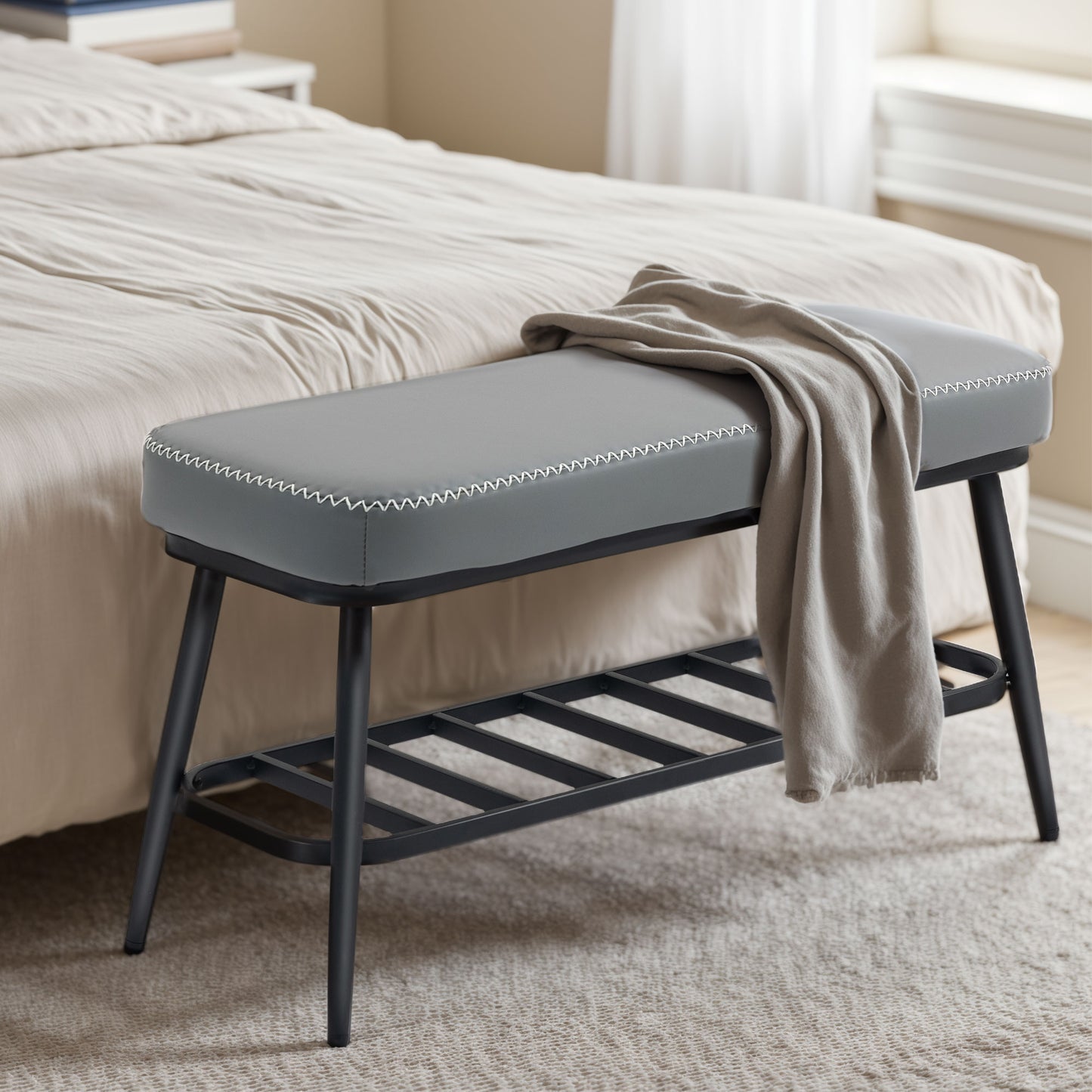 Hanoke Faux Leather Grey Shoe Storage Bench With Cushioned Seat