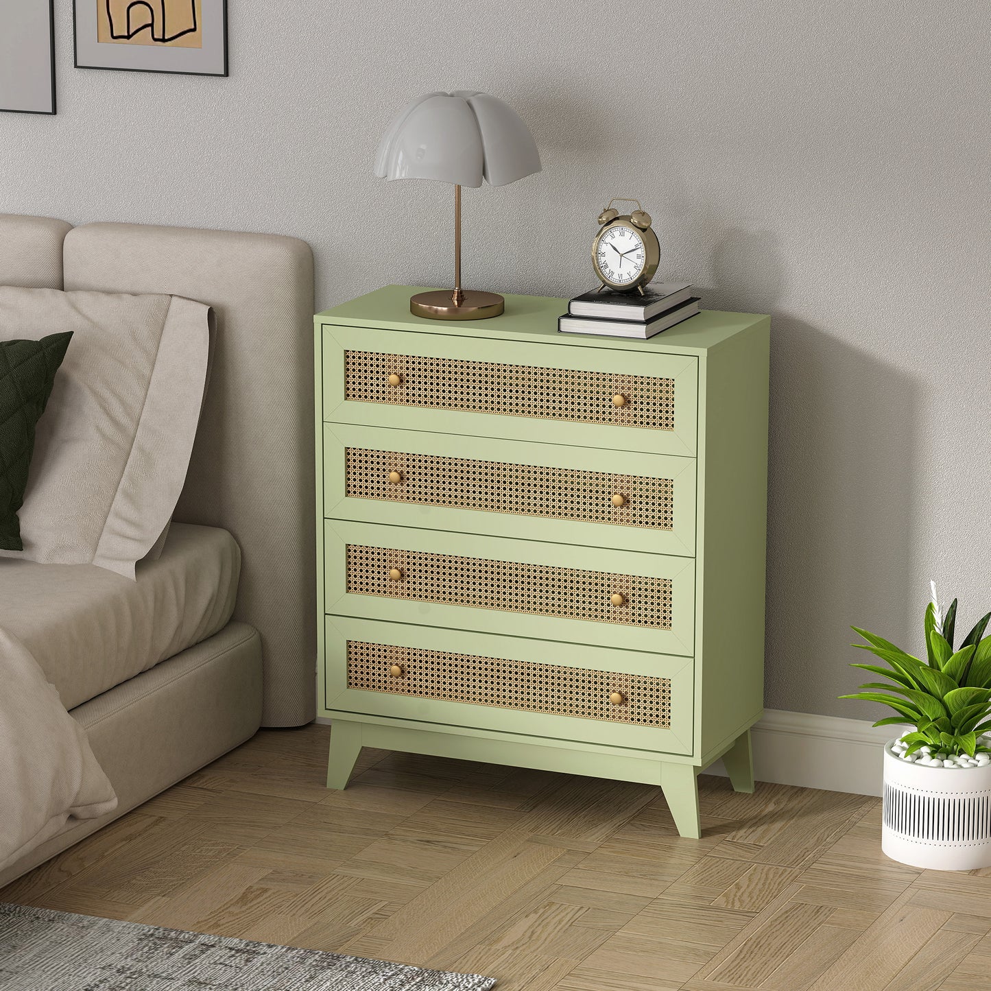 Raritte Wood And Rattan Light Green 4 Drawer Storage Chest With Woven Detail