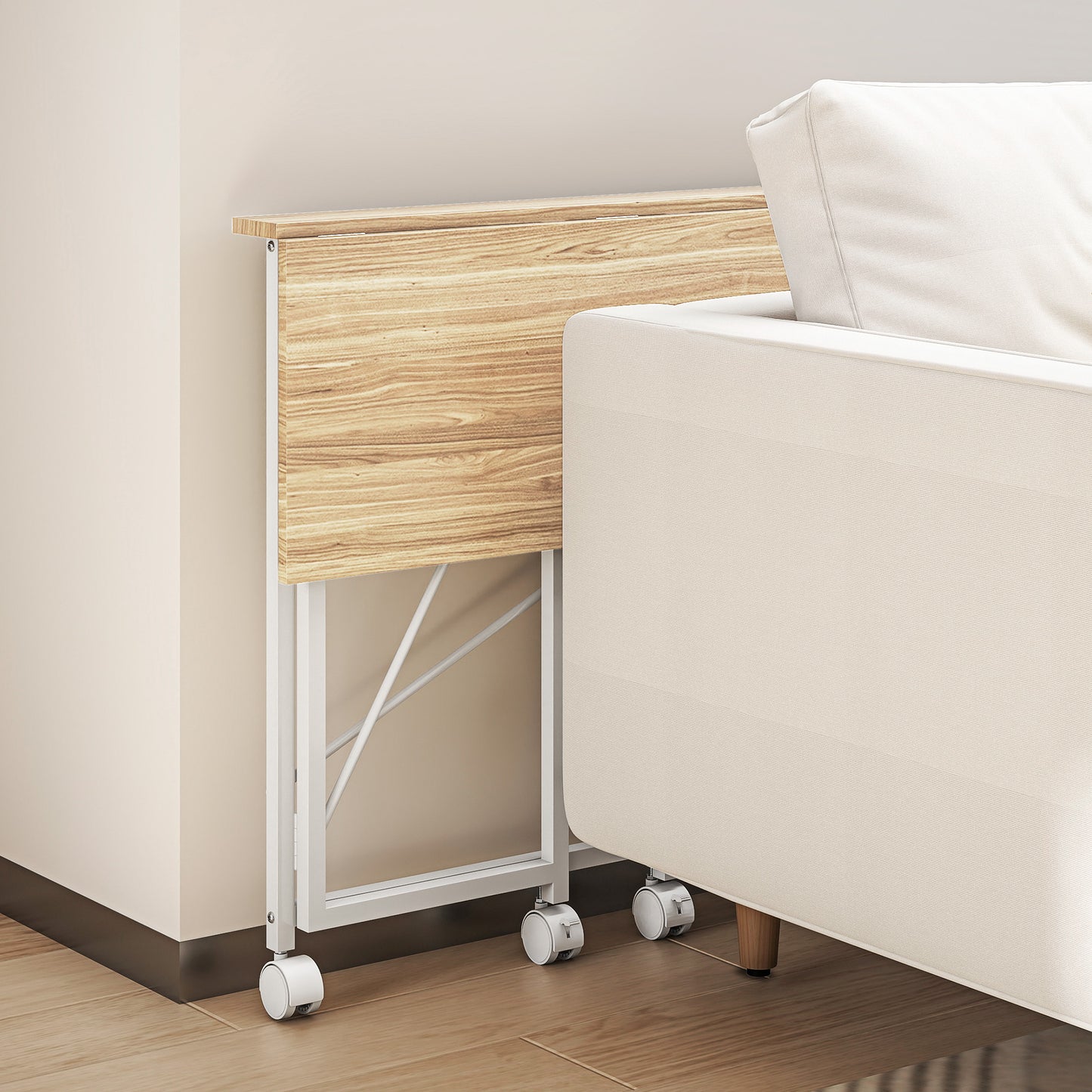 Yokare 80cm Wooden Natural and White Folding Desk On Wheels