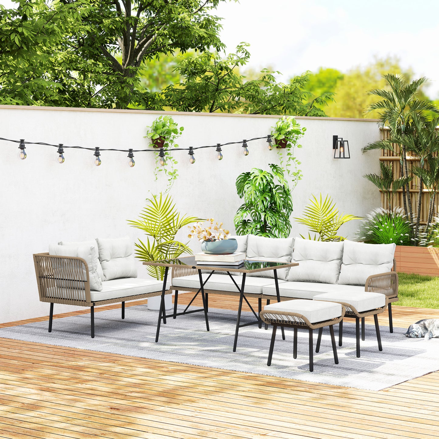 Sacoel Natural Rattan White 8 Seater Outdoor Corner Sofa Set With Glass Top Table