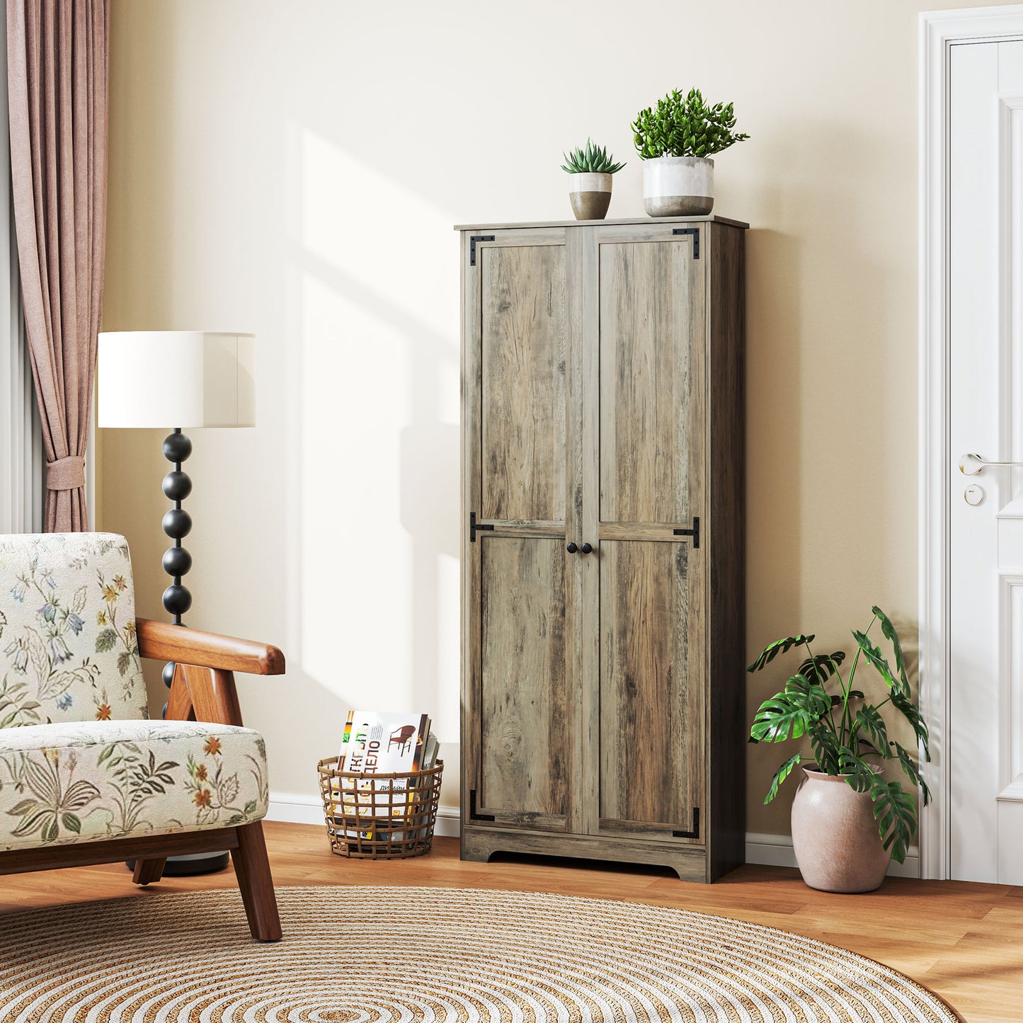 Soniso Wood Effect Tall Farmhouse Kitchen Pantry Cabinet 10 Shelves 2 Doors