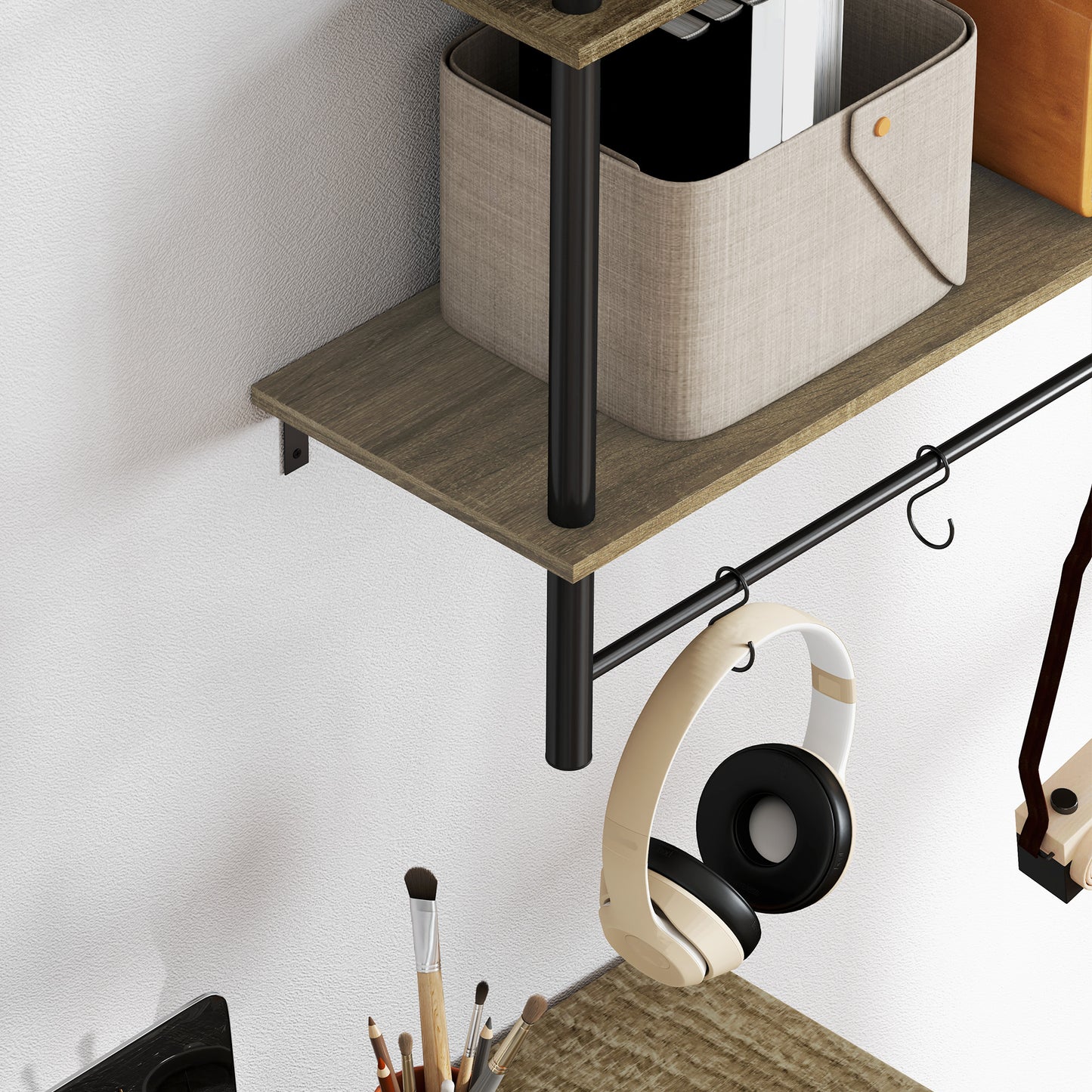 Vimoso Wood Grey Wall Mounted Floating Shelves With 4 Hooks For Entryway And Living Space