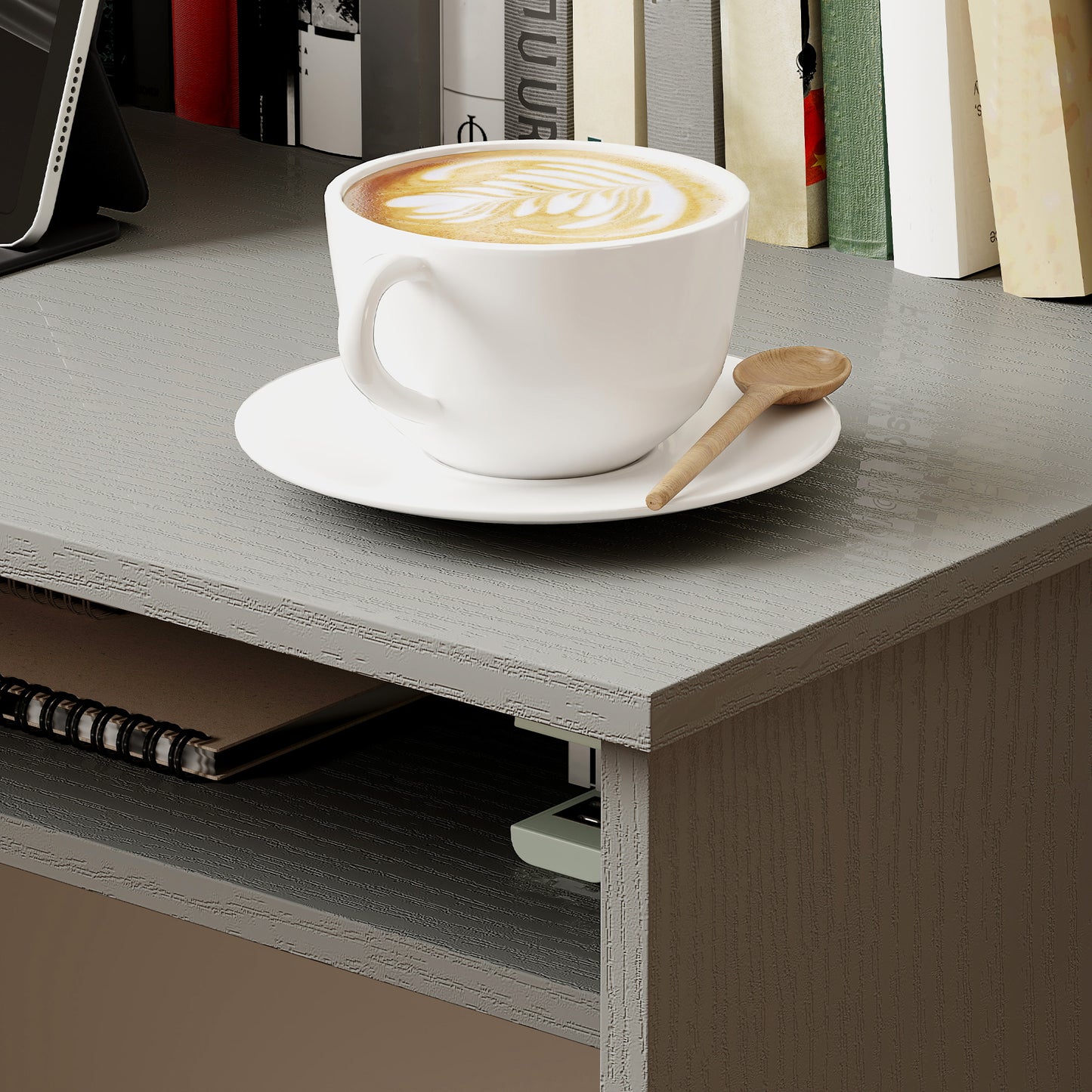 Cottare 90cm Wooden Grey Compact Writing Desk With Storage Shelf