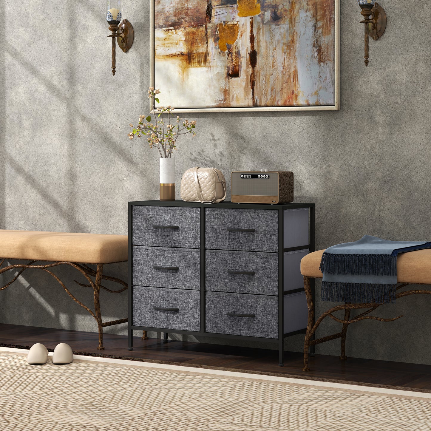 Veroso Black Metal And Grey Fabric Black 6 Drawer Industrial Storage Dresser