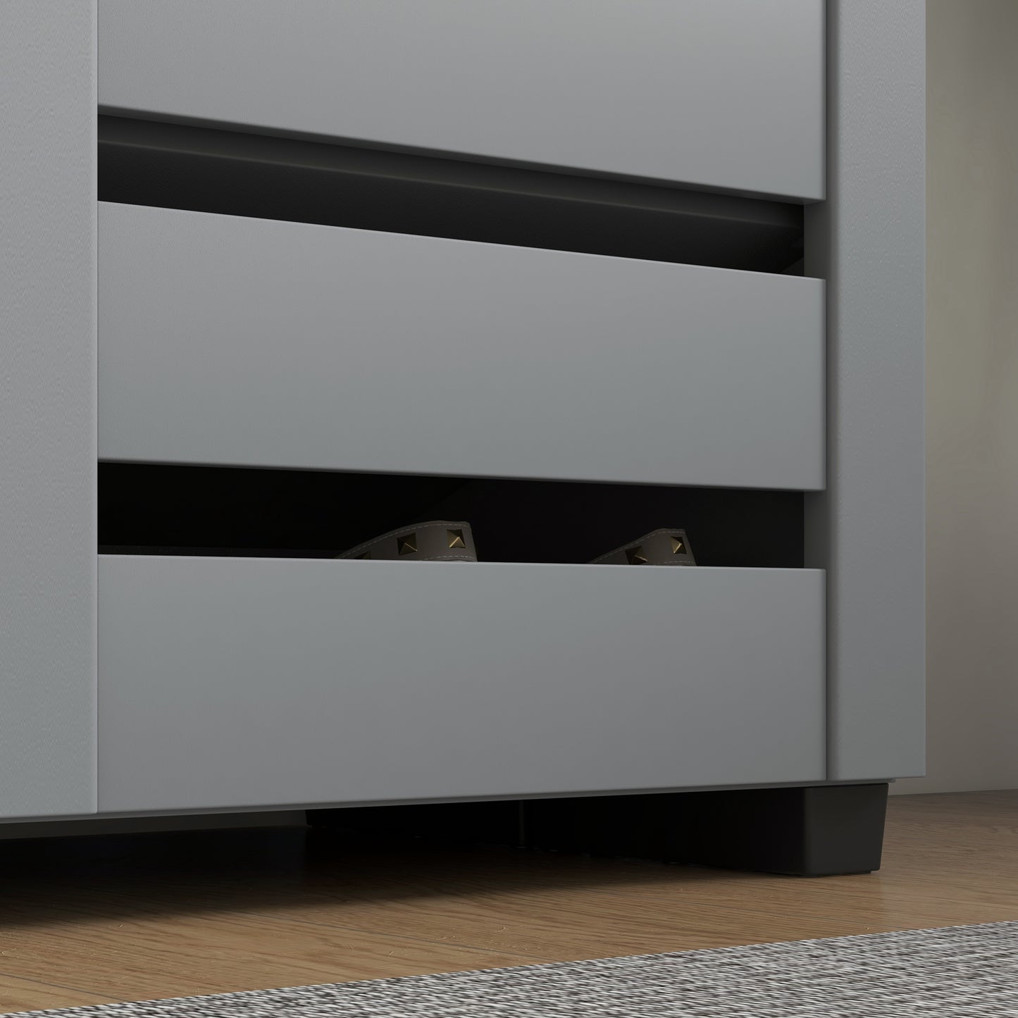Zifa Wooden Grey Slim Shoe Cabinet With 5 Tier Storage And Slatted Doors