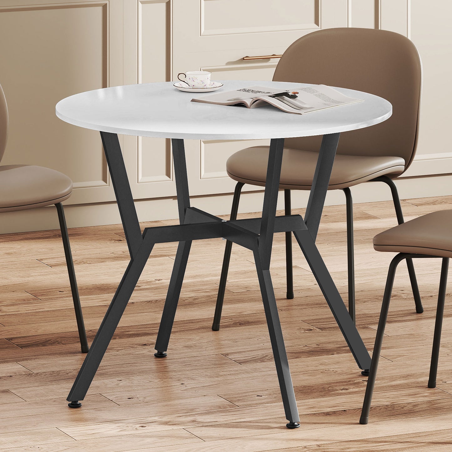 Terretti High Gloss White Round Dining Table With Black Metal Legs 90cm