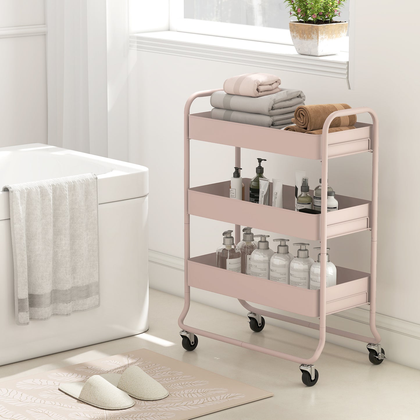 Noluli Doha Metal Light Pink 3 Tier Rolling Utility Trolley With Mesh Baskets