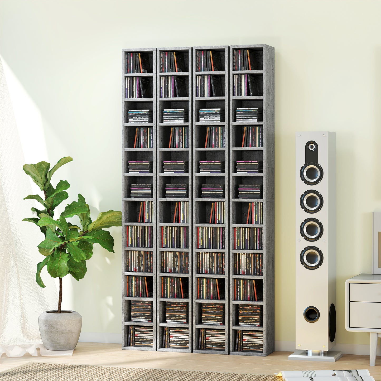 Loli Wooden Cement Grey Tall Narrow Media Storage Tower With 204 Disc Capacity
