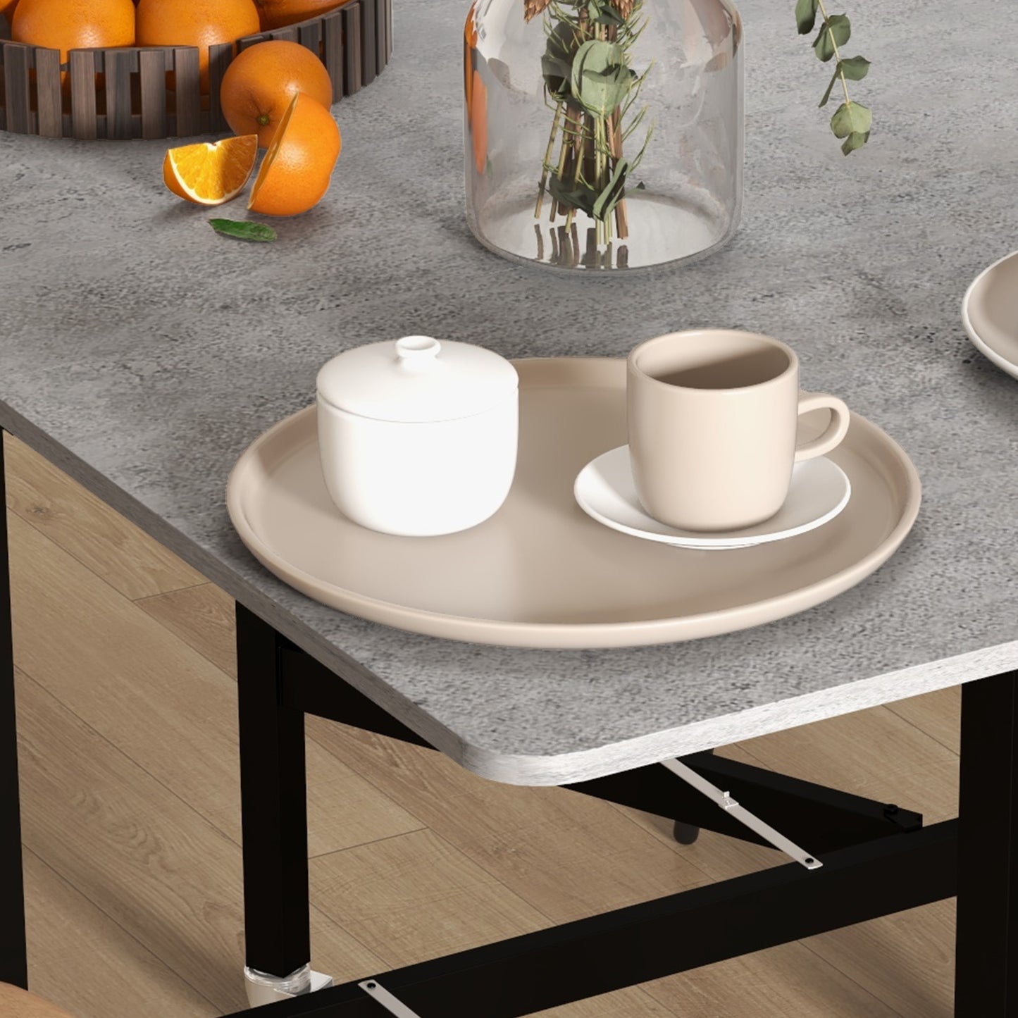 Ritodo Wooden Grey Marble Effect Mobile Drop Leaf Dining Table With Locking Castors