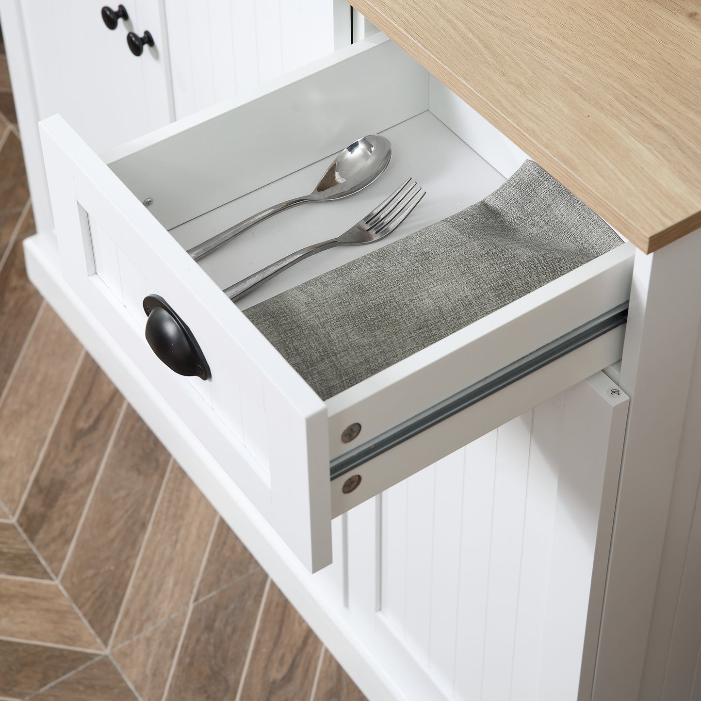 Moviel 180cm Tall Wooden White Kitchen Storage Cabinet With Open Counter Drawers And 6 Doors