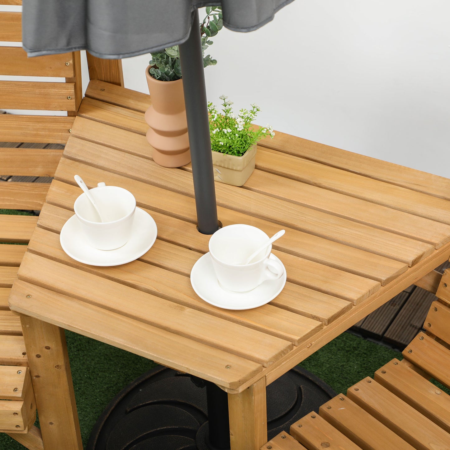 Moha Naturla Wood Garden Bistro Set Love Seat With Coffee Table And Parasol Hole Bench Set