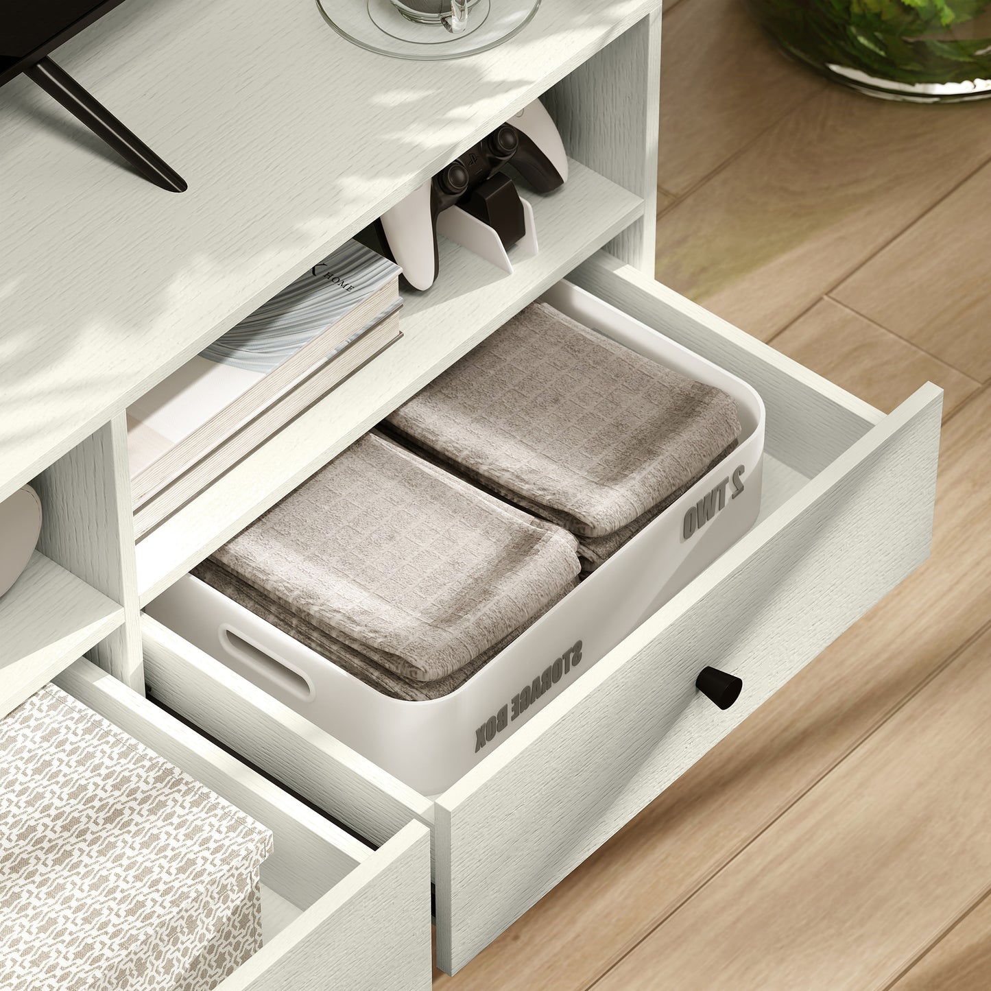 Kedito Cream White Multi Storage TV Stand 3 Drawers and Open Compartments