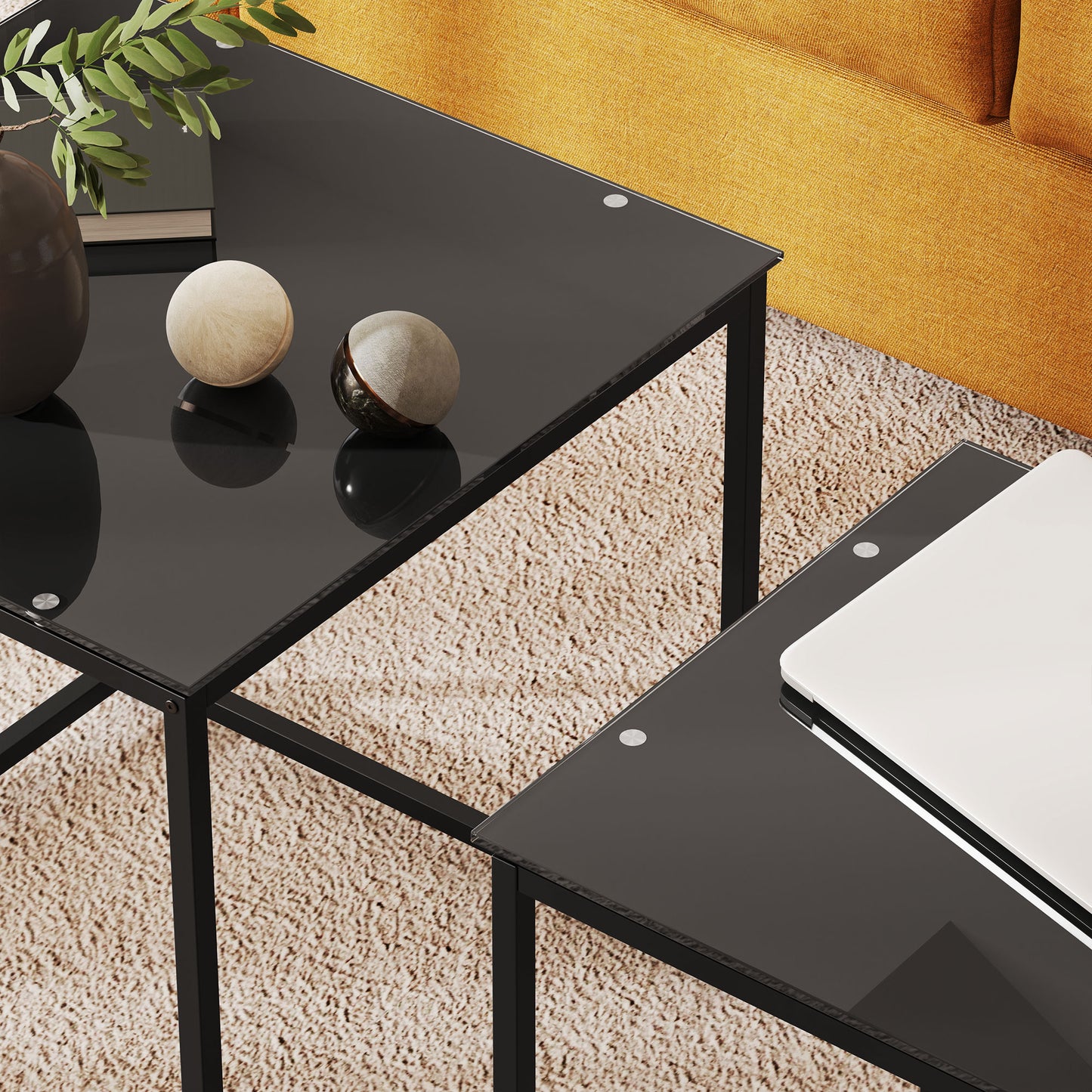 Raviccu Metal And Glass Black Set Of 2 Nesting Coffee Tables With TemFauxred Glass Tops