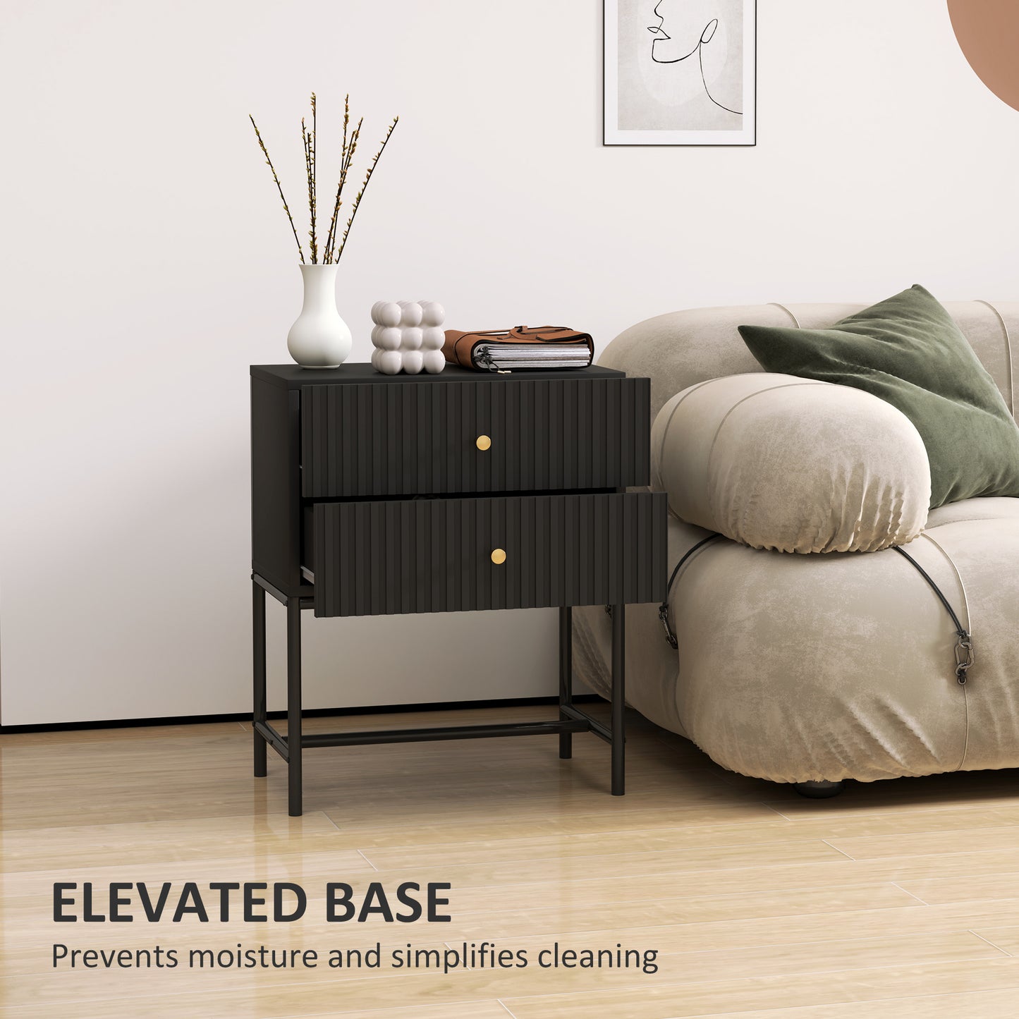 Nafico Black and Gold Elegant 2 Drawer Ribbed Bedside Table
