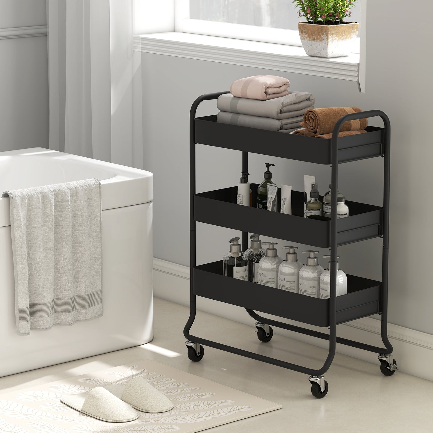 Rakemi Metal Black 3 Tier Rolling Utility Trolley With Mesh Baskets