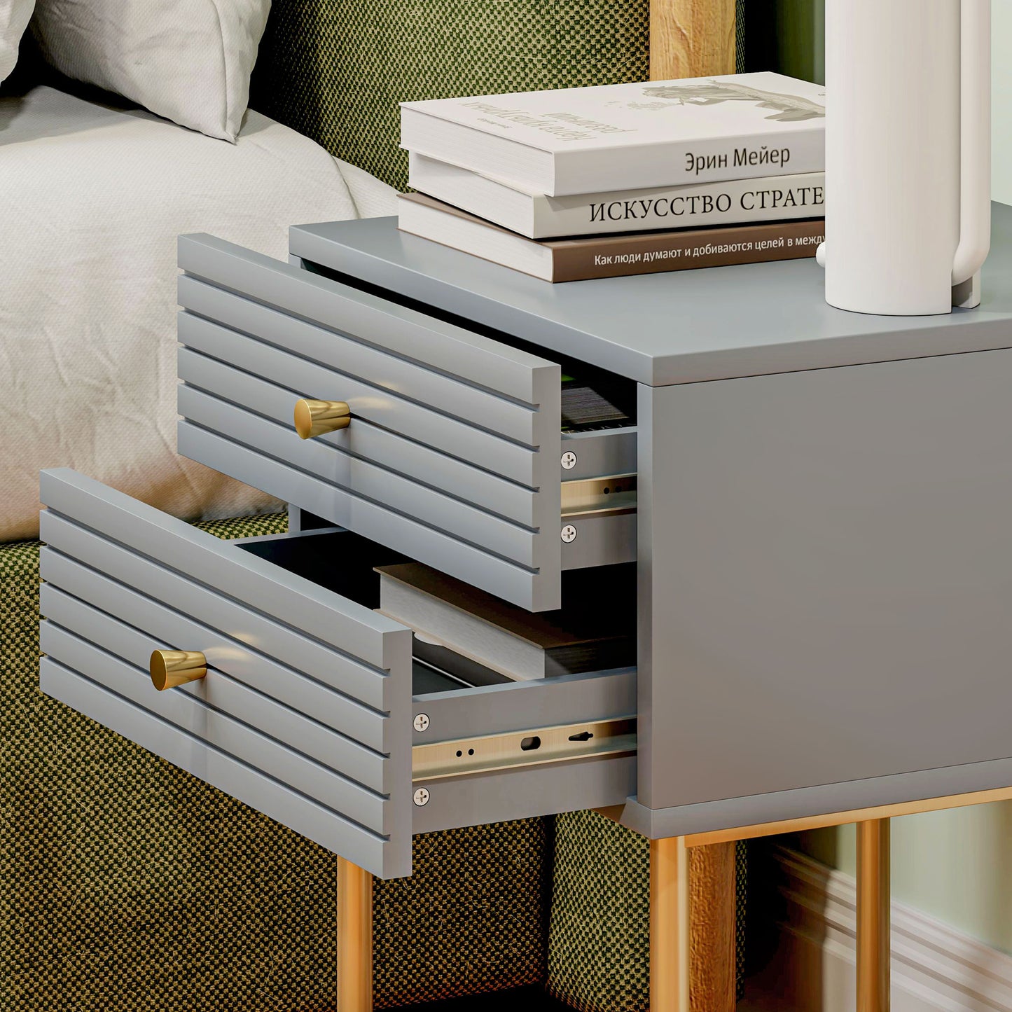 Lika Set Of 2 Grey And Gold Elegant Bedside Tables Ribbed Drawers