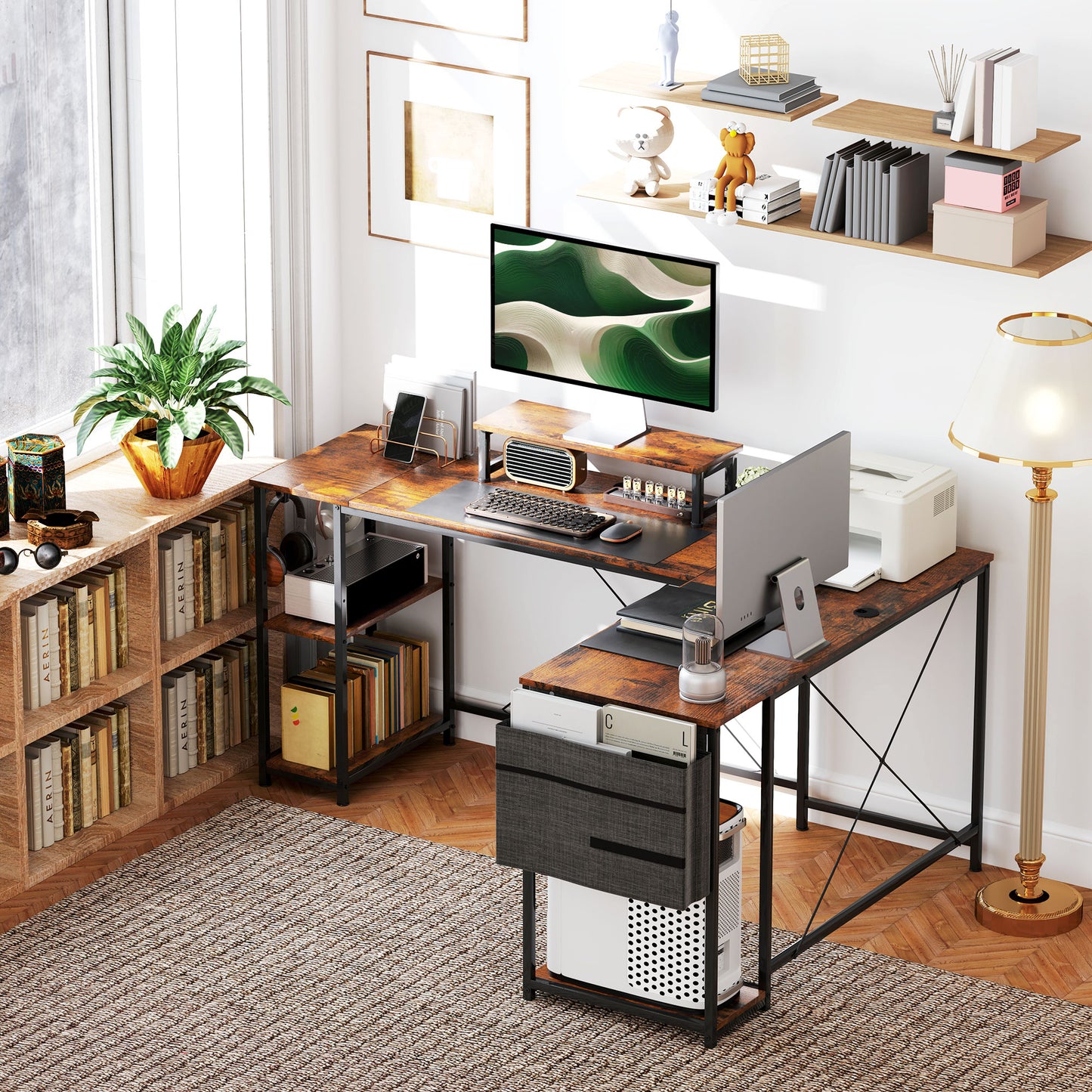 Lesano 168cm Rustic Brow Reversible Industrial L Shaped Desk With Adjustable Shelves And Monitor Stand