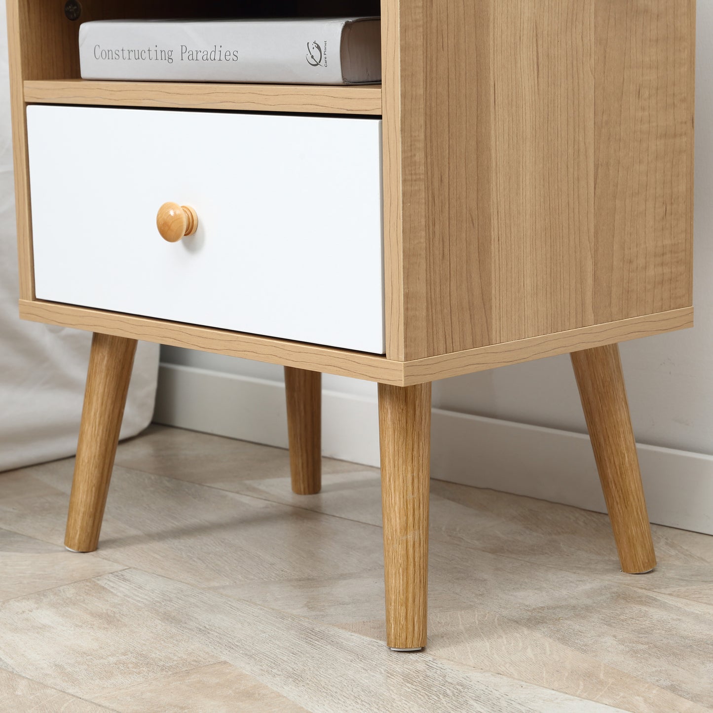 Sartok Set Of 2 Wooden Natural Bedside Tables With Drawer And Top Shelf
