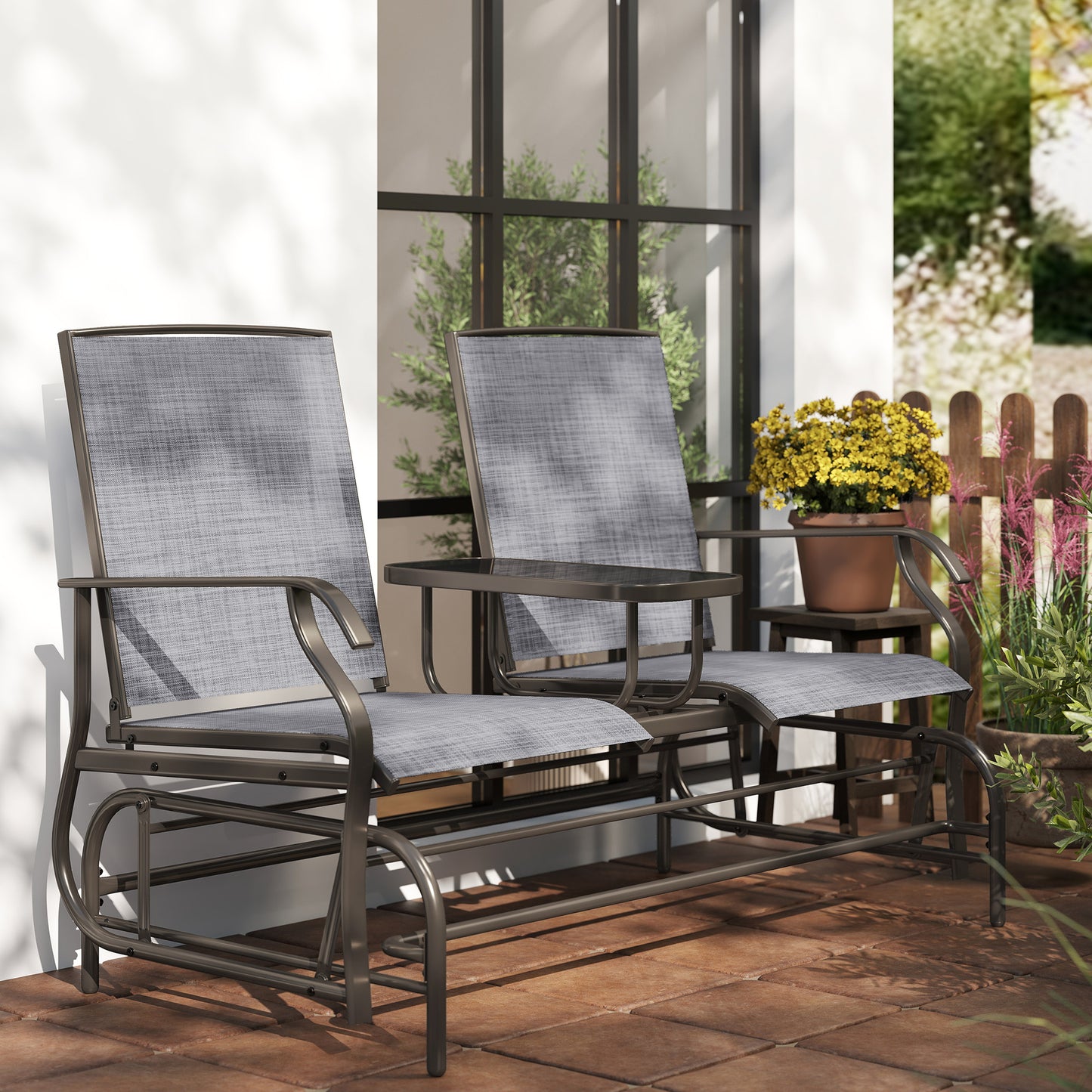 Mukatti Metal Brown And Grey 2 Seater Garden Glider Bench With Glass Top Centre Table