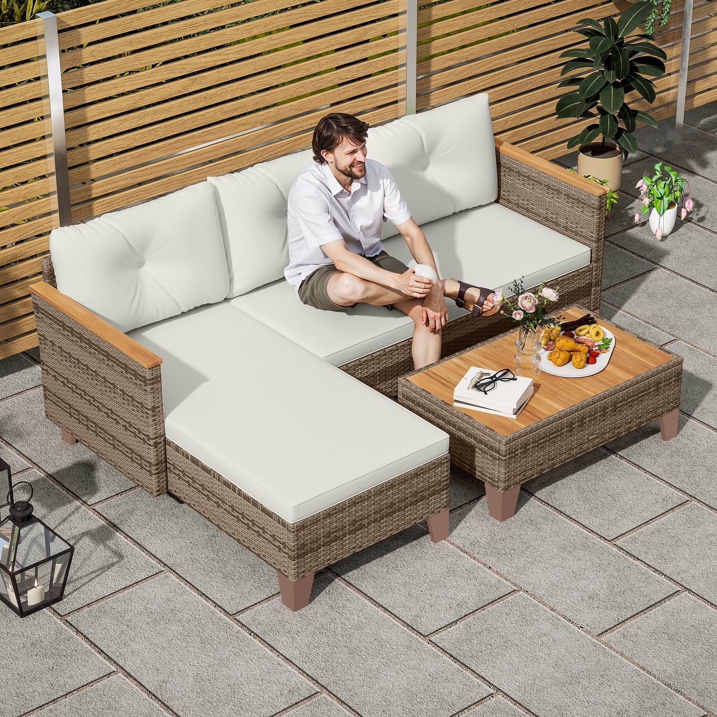 Serado Natural Rattan and Cream Fabric 3 Piece L Shaped Outdoor Conversation Set With Wood Top Table