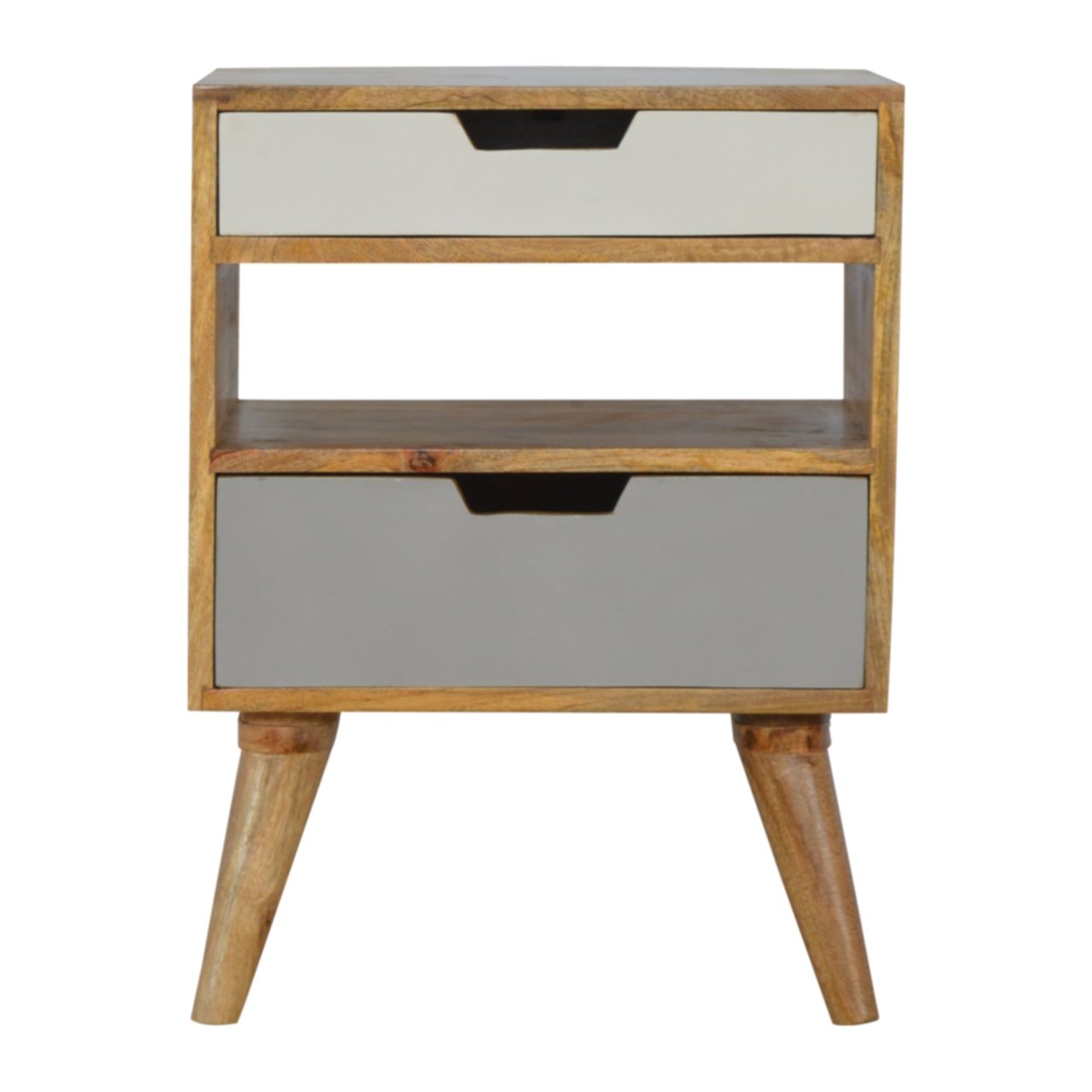 Pranburi Grey and White Mango Wood Bedside Table 2 Drawers and Open Shelf