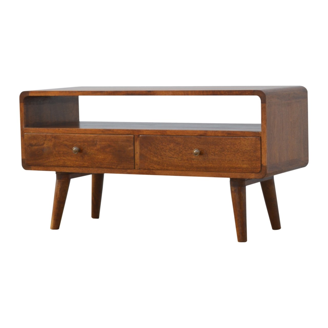 Ostuni Low Curved Chestnut Mango Wood TV Media Unit 2 Drawers and Open Shelf