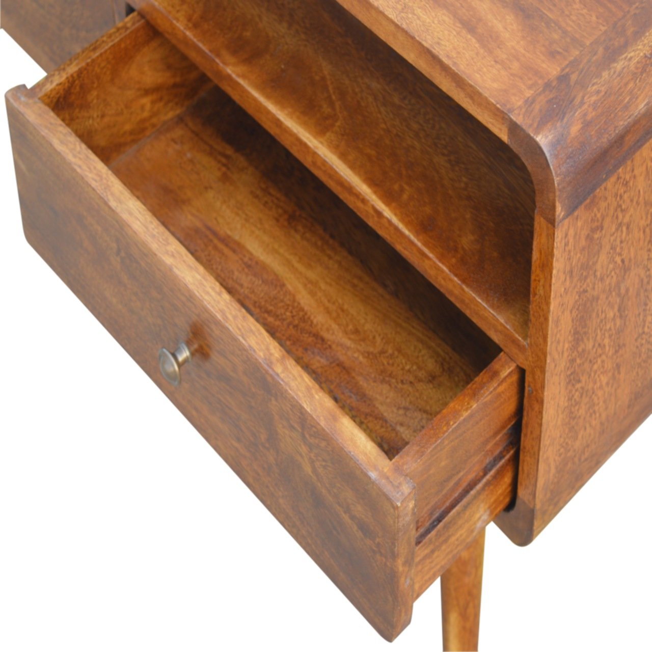 Ostuni Low Curved Chestnut Mango Wood TV Media Unit 2 Drawers and Open Shelf