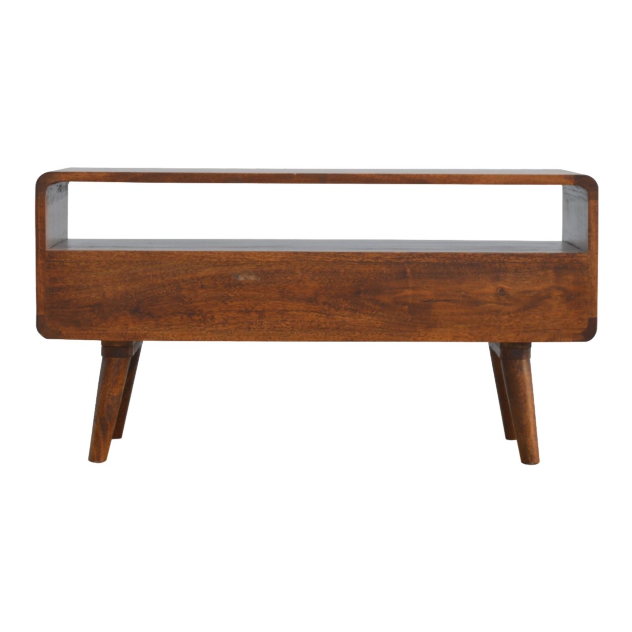 Ostuni Low Curved Chestnut Mango Wood TV Media Unit 2 Drawers and Open Shelf