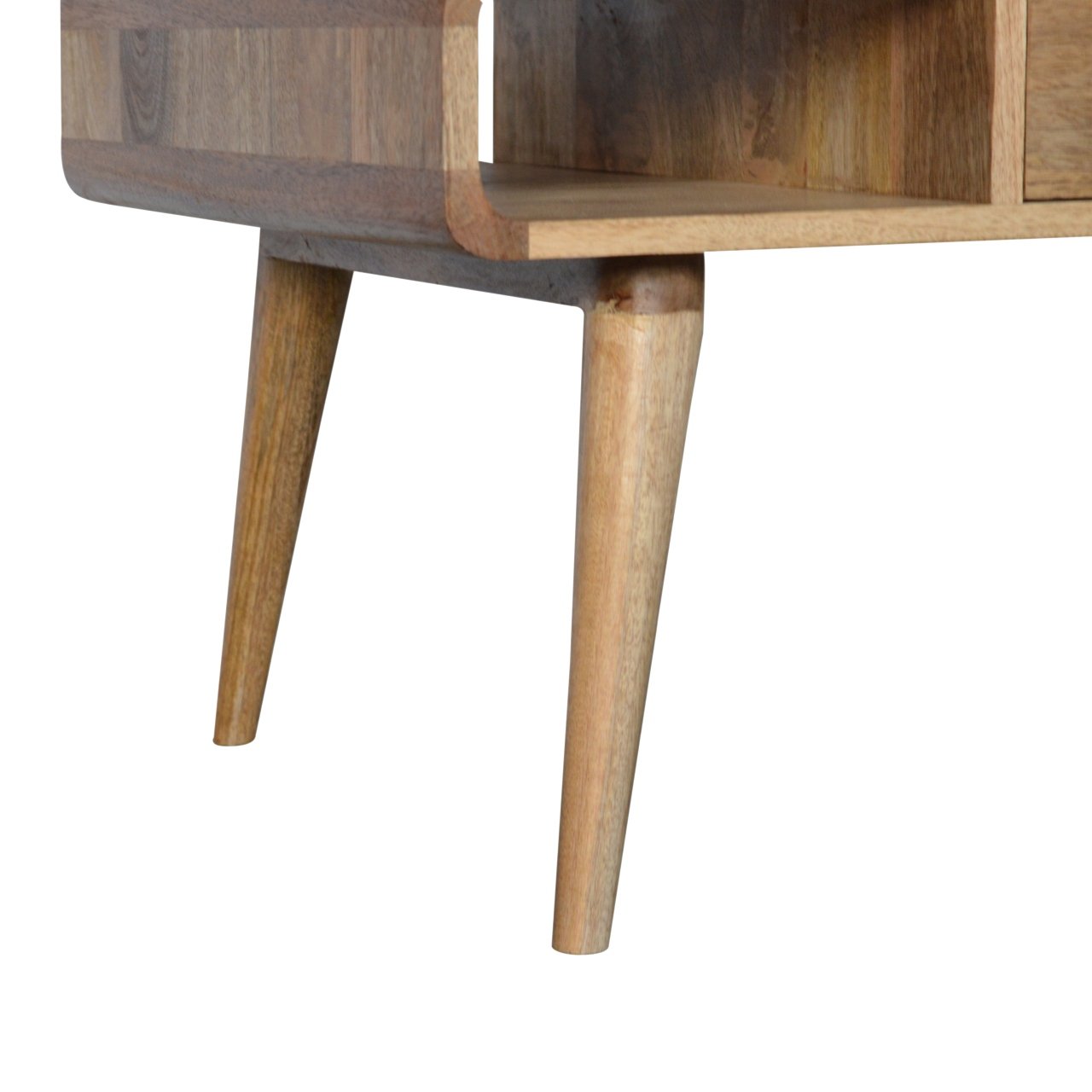 Urbino Curved Oak Mango Wood Coffee Table 2 Side Drawers Open Shelves