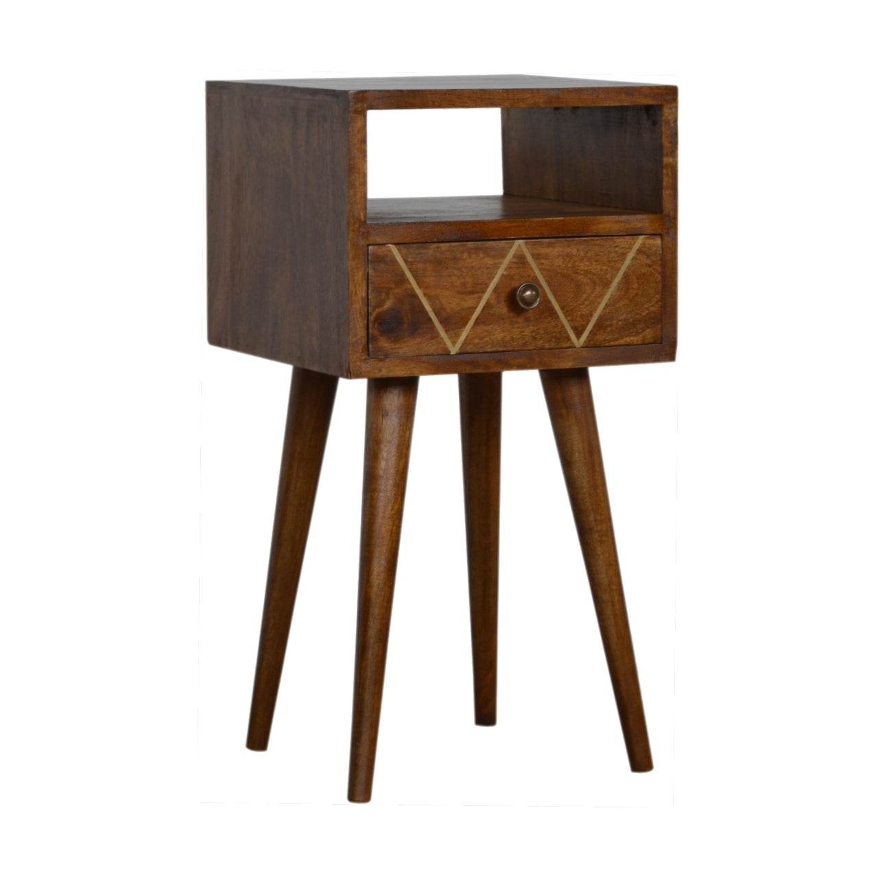 Ferrara Mini Geometric Brass Pattern Bedside Table with Drawer and Open Shelf