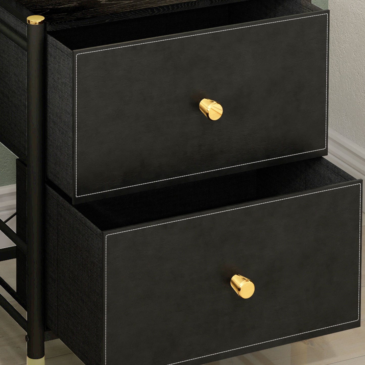 Rakaba Black Faux Leather Upholstered Bedside Table With Gold Accents