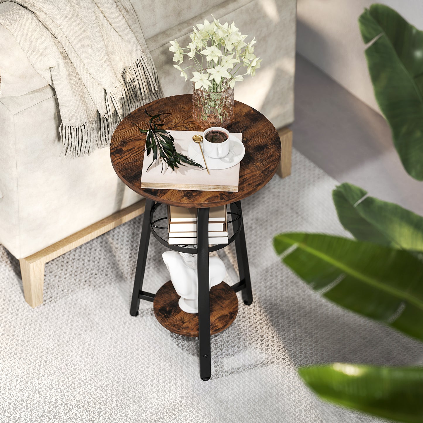 Neri Rustic Brown Wooden Round Side Table With 3 Tier Storage Floral Design